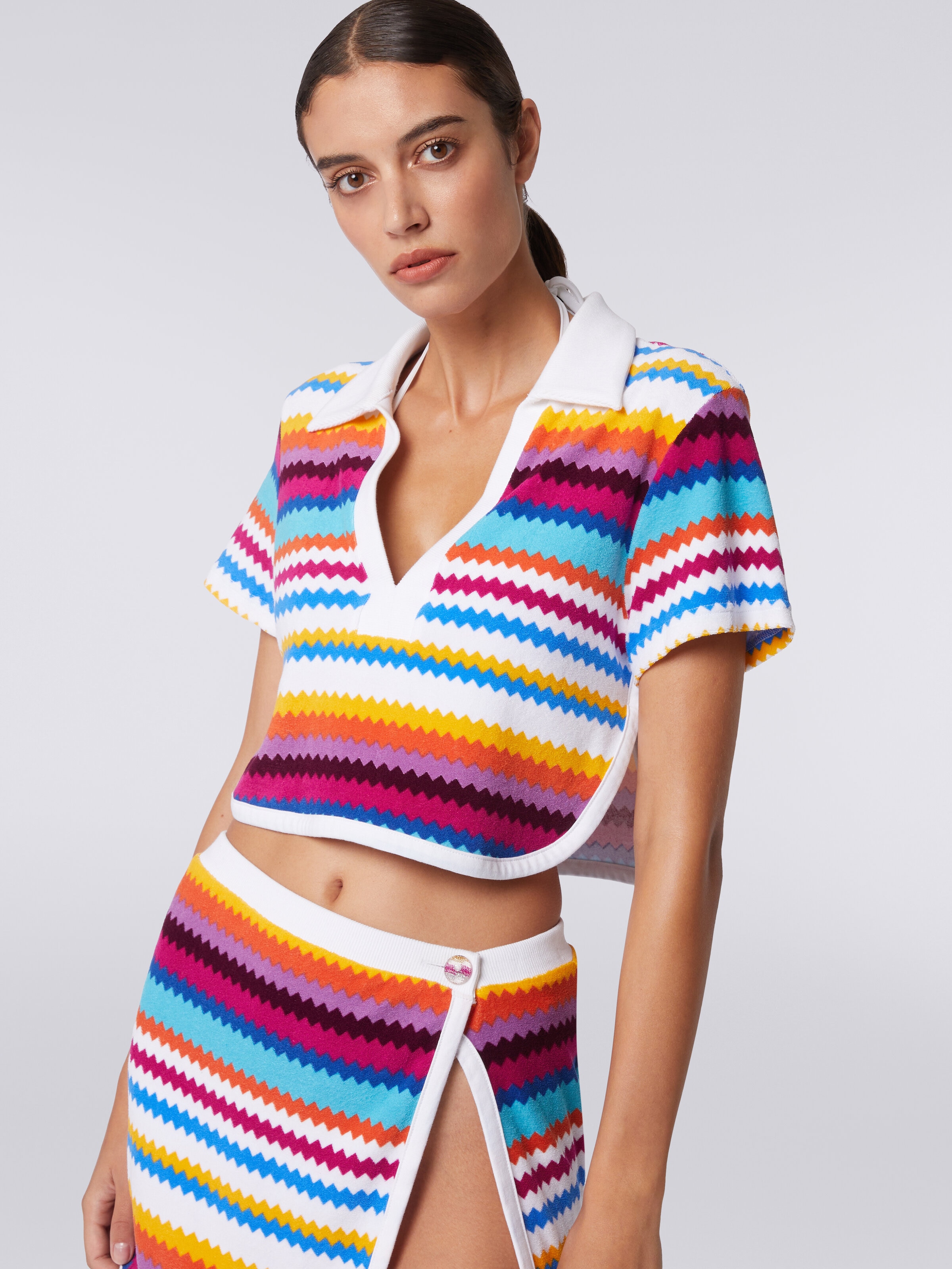 Zigzag terry polo shirt crop top, Multicoloured  - 4