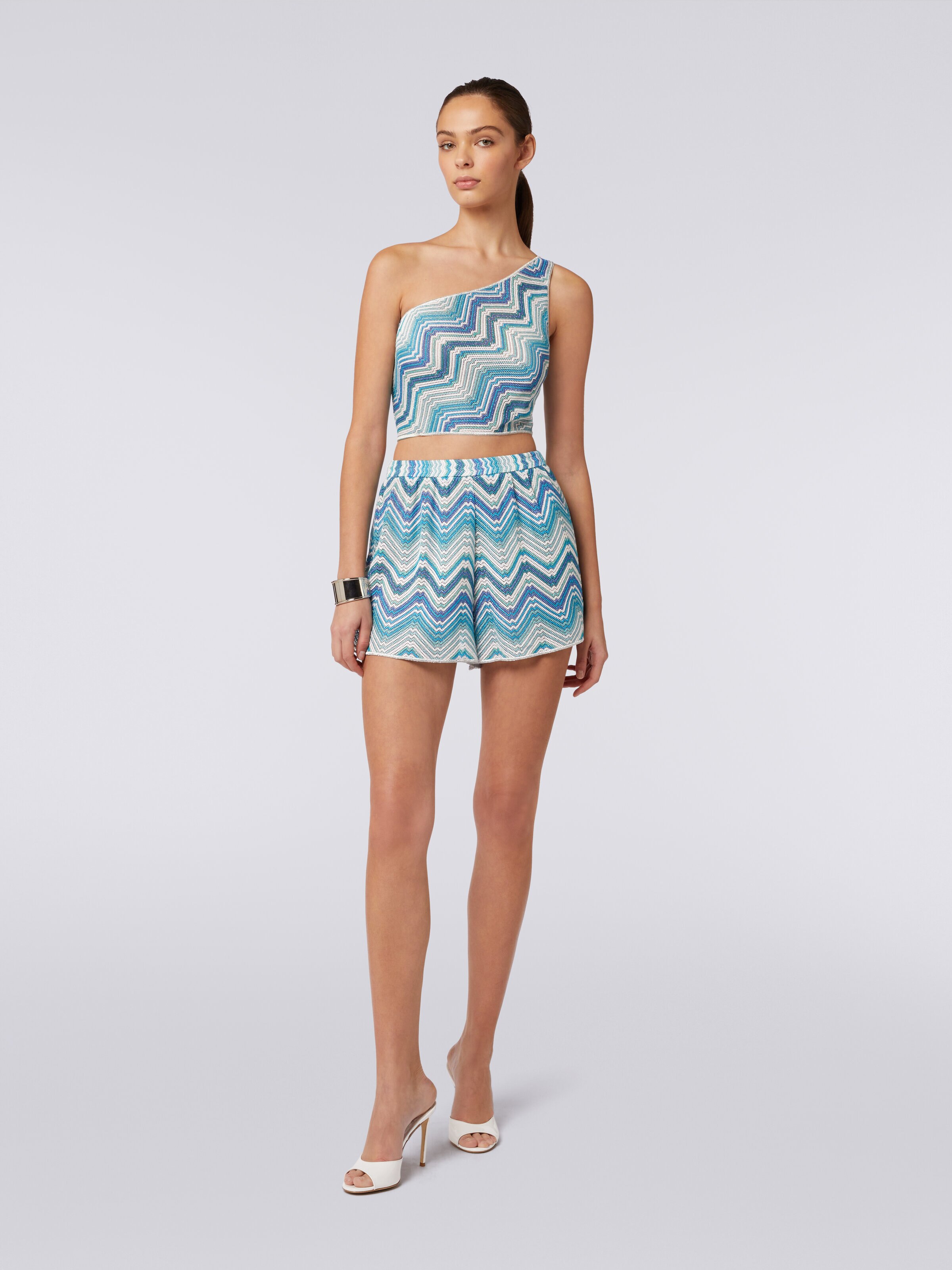 Crochet one-shoulder top with lurex, Blue - 1