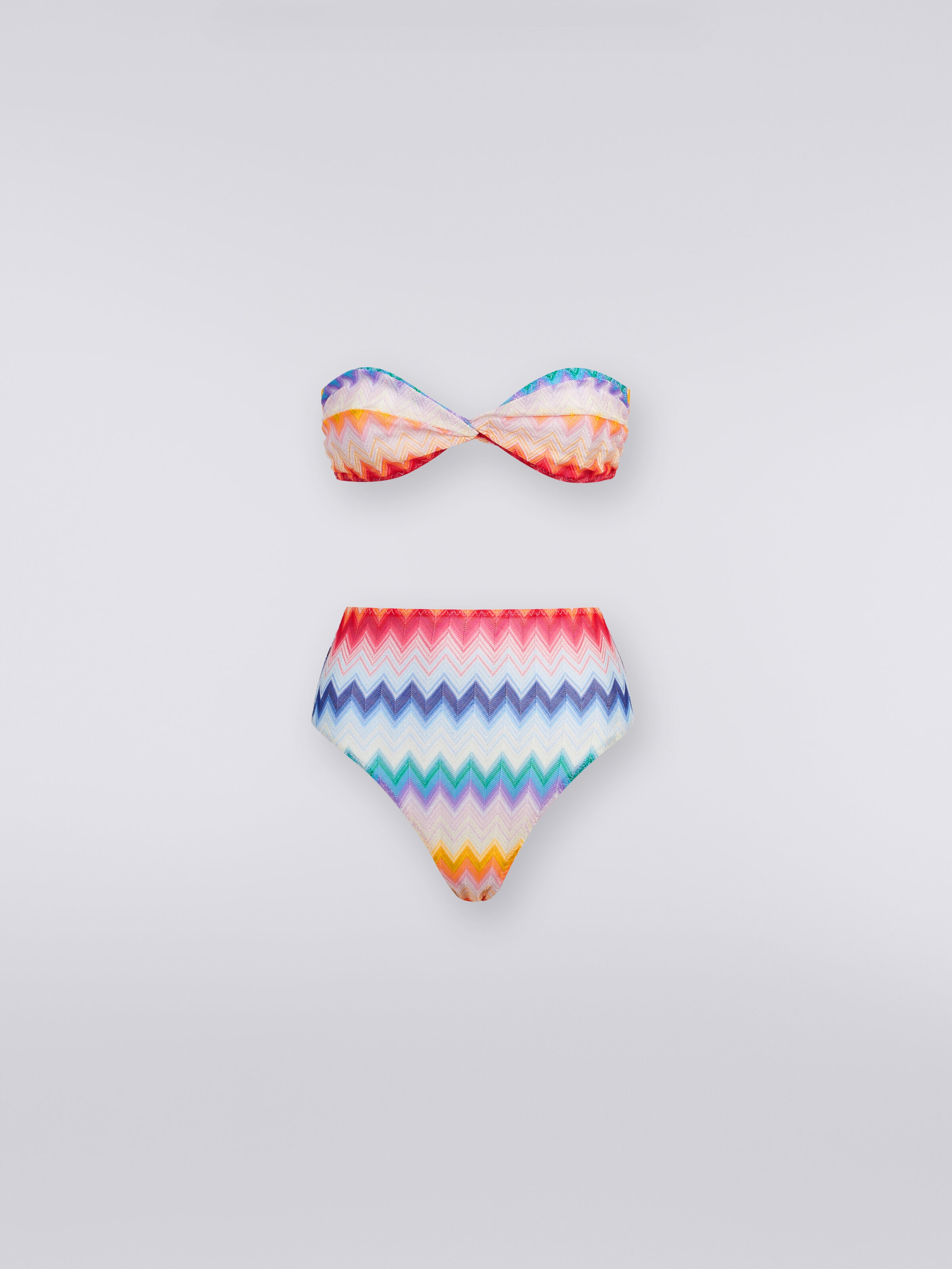 Bikini con slip a vita alta in tessuto stampa zig zag, Multicolore  - 0