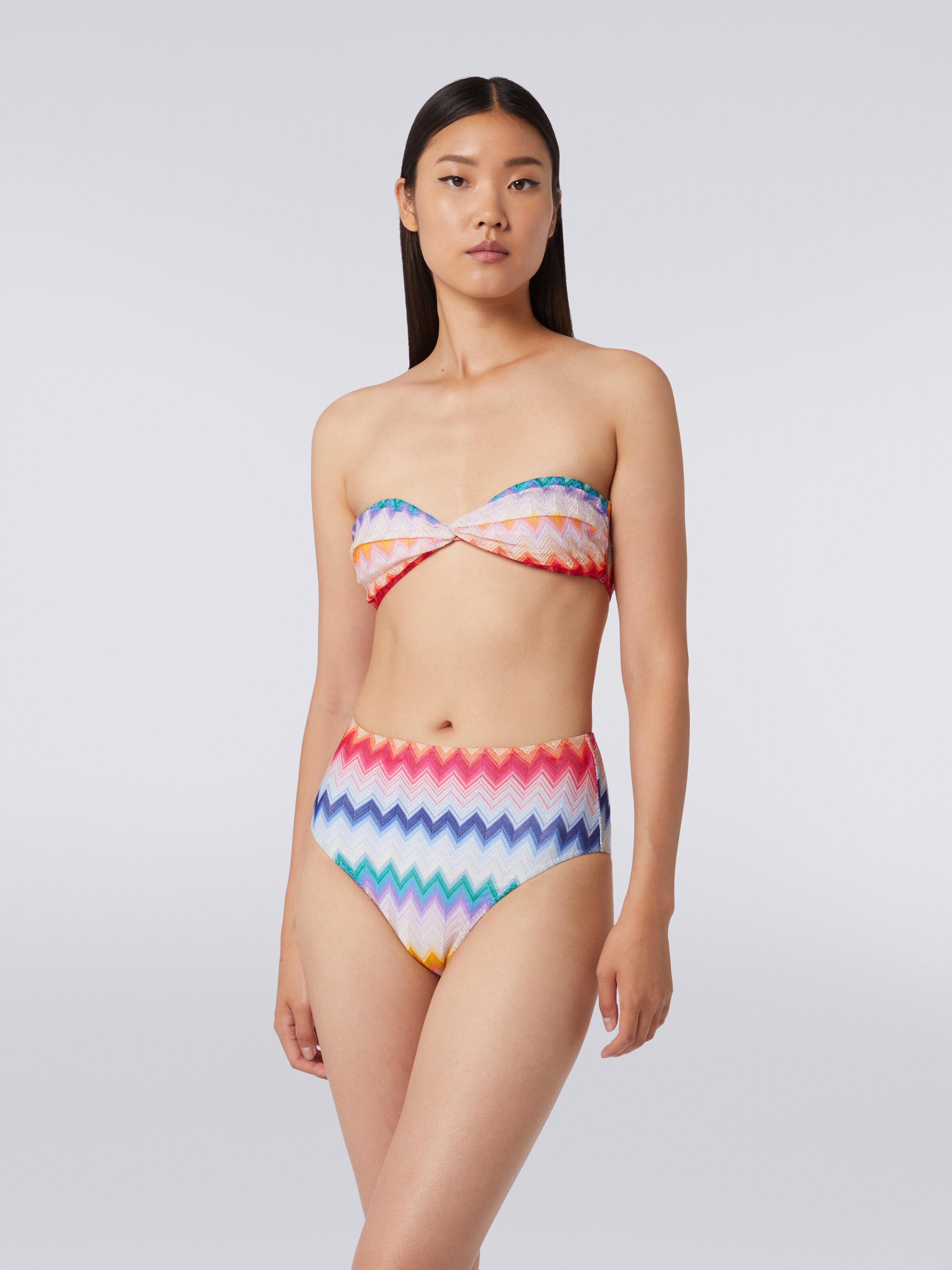 High-waisted bikini bottom in zigzag print fabric, Multicoloured  - 1
