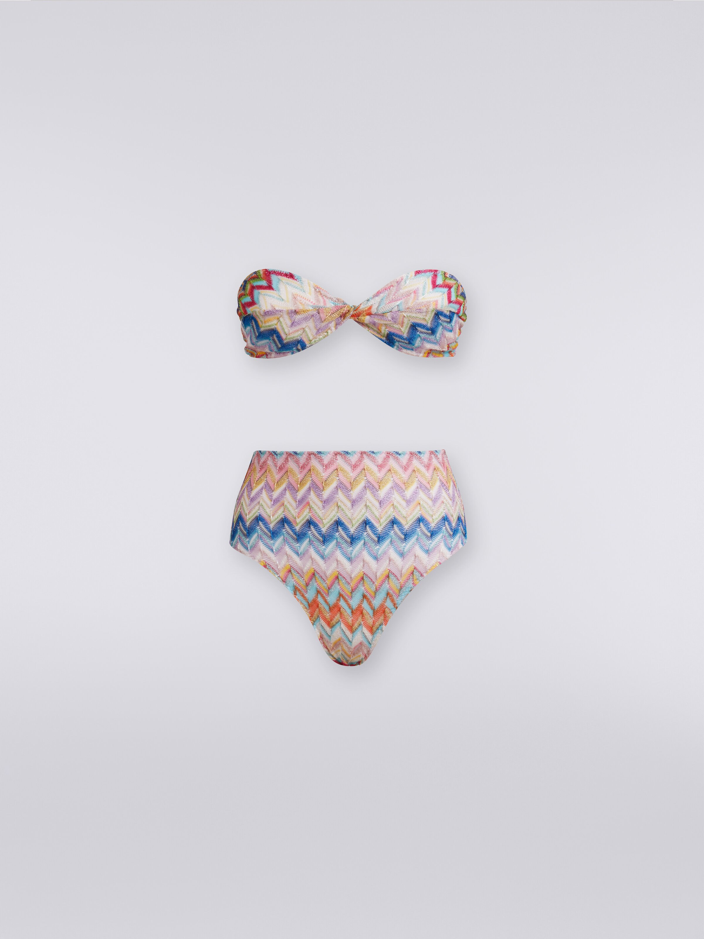 Viscose and lurex bikini with torchon top and high briefs, Multicoloured  - 0