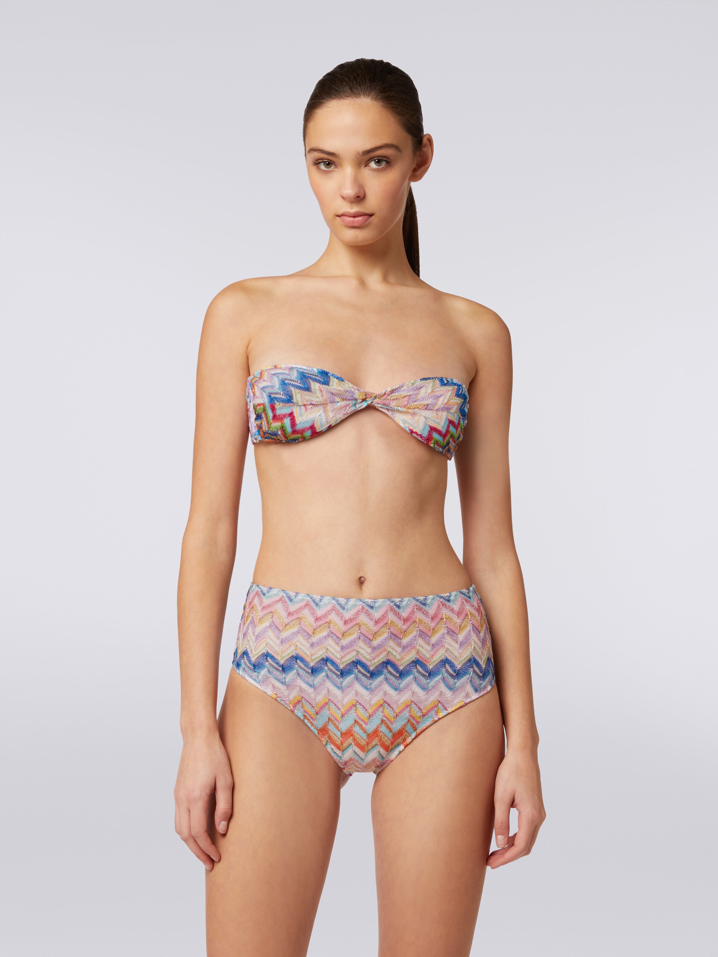 Viscose and lurex bikini with torchon top and high briefs, Multicoloured  - 1