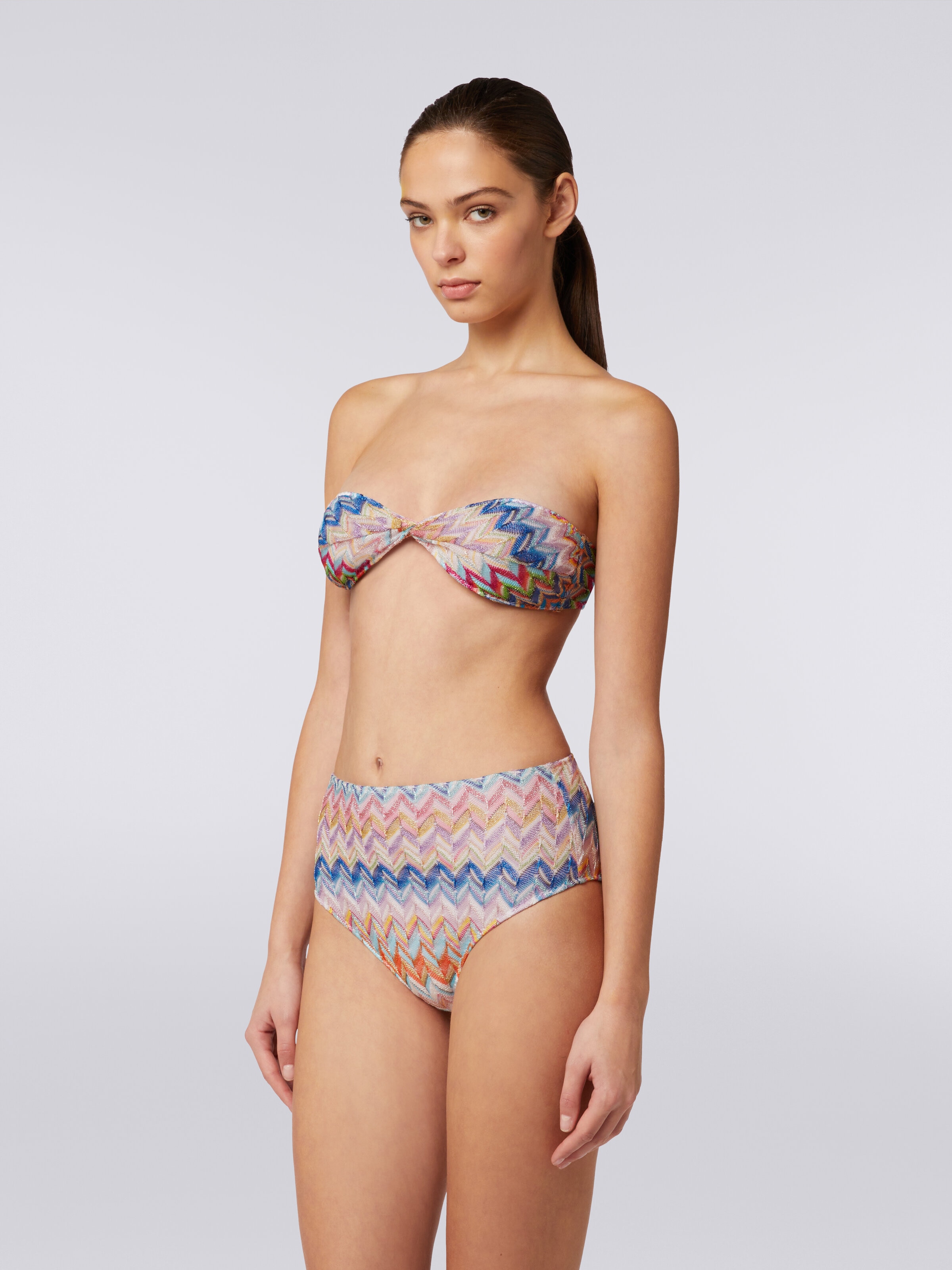 Viscose and lurex bikini with torchon top and high briefs, Multicoloured  - 2
