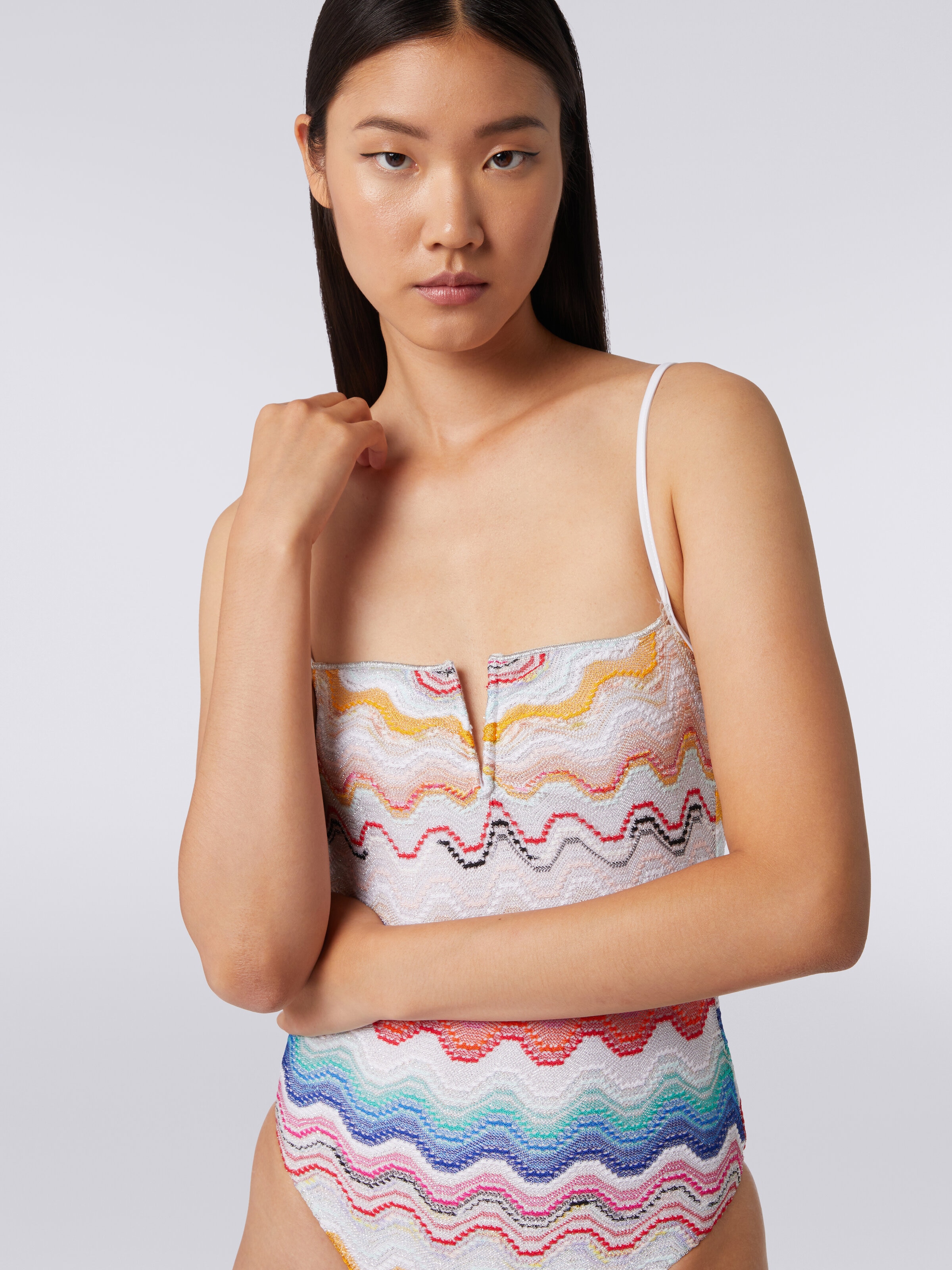 Wave motif one-piece swimming costume with underwire, Multicoloured  - 4