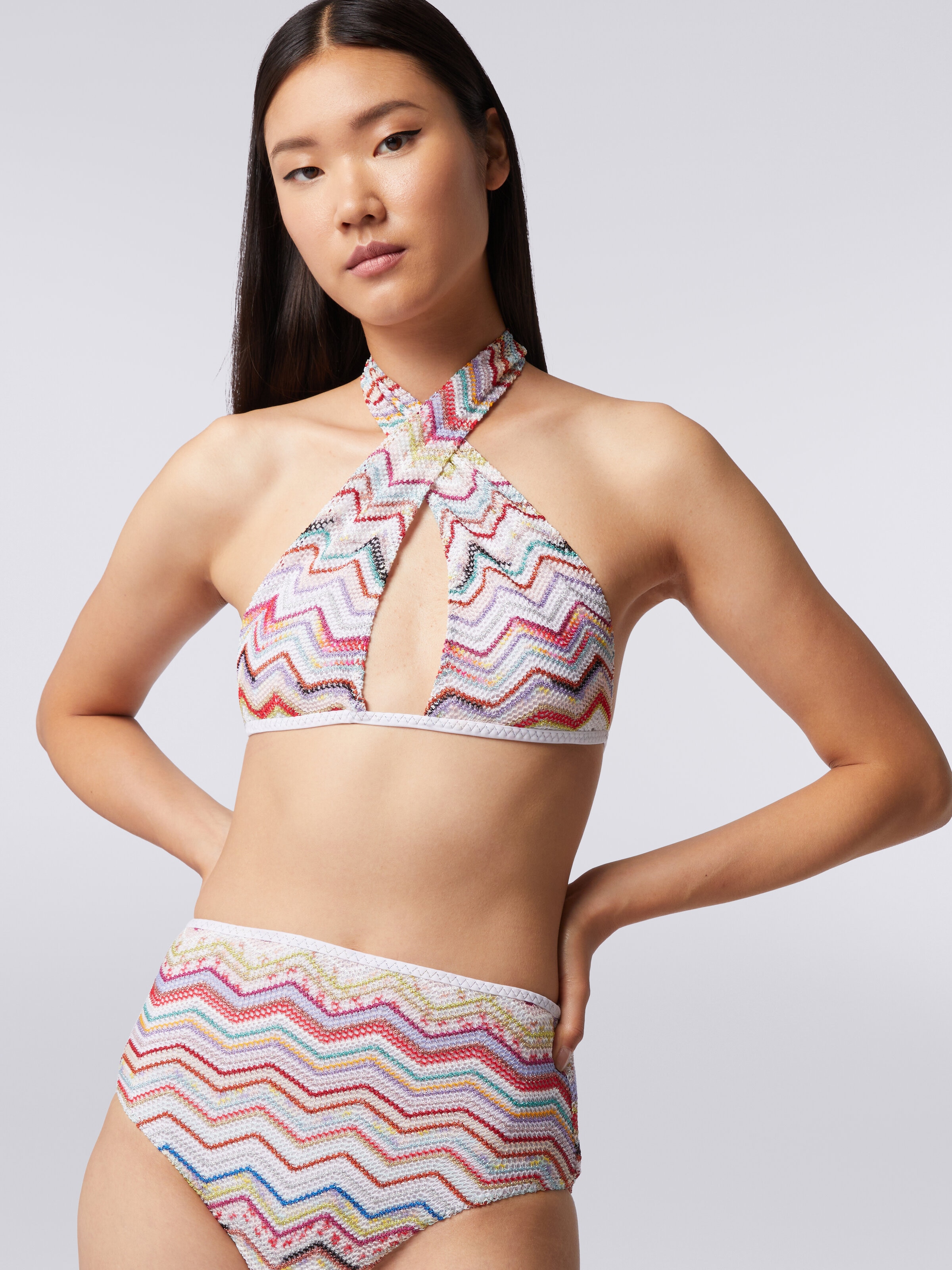 Bikini in crochet with lurex and high-waisted briefs, Multicoloured  - 4