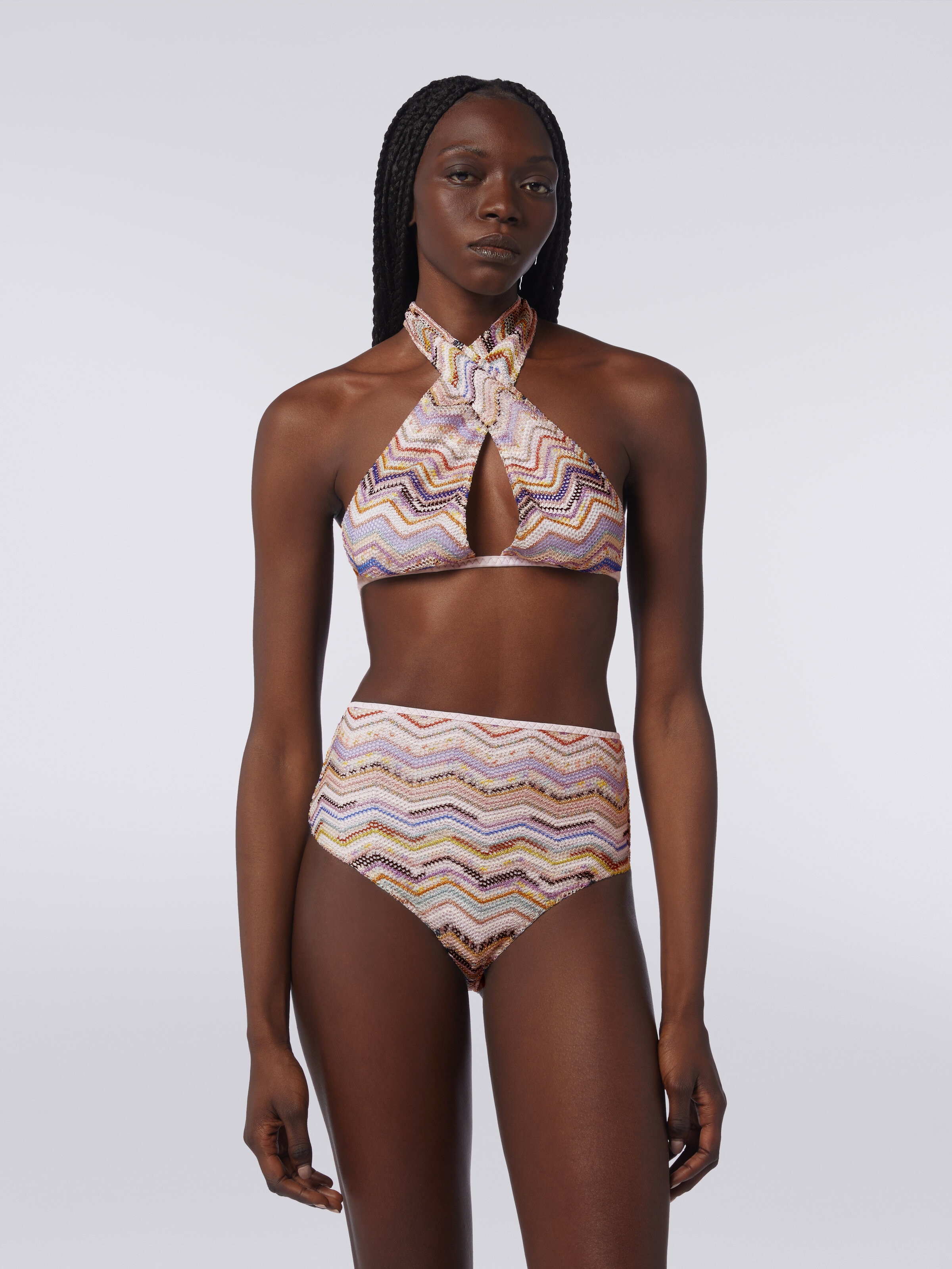 Bikini in crochet with lurex and high-waisted briefs, Multicoloured  - 1