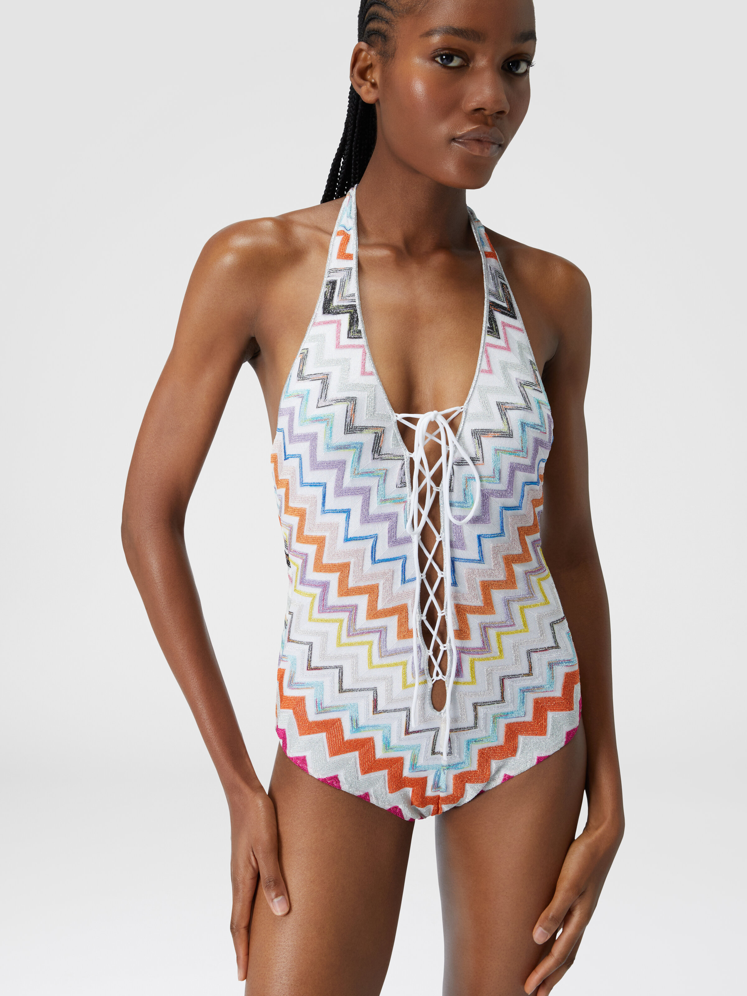 Viscose zigzag one-piece swimming costume with lurex, Multicoloured  - 3