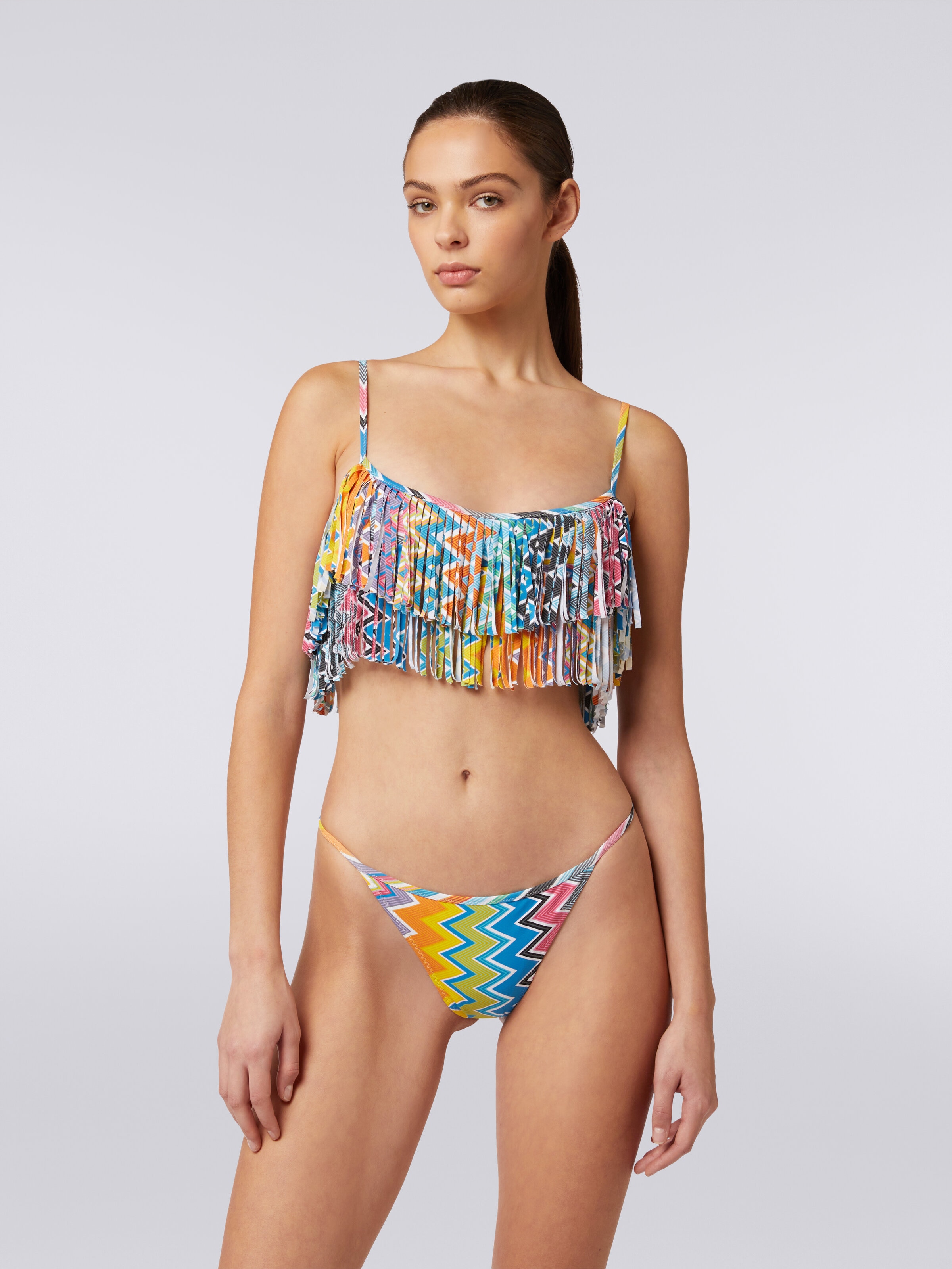 Printed stretch fabric bikini with fringed top, Multicoloured  - 1