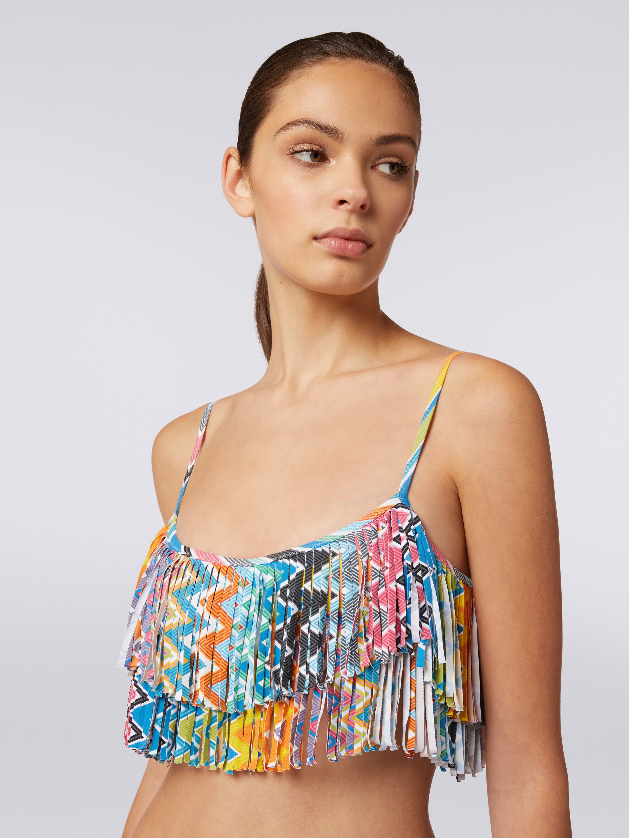 Printed stretch fabric bikini with fringed top, Multicoloured  - 4