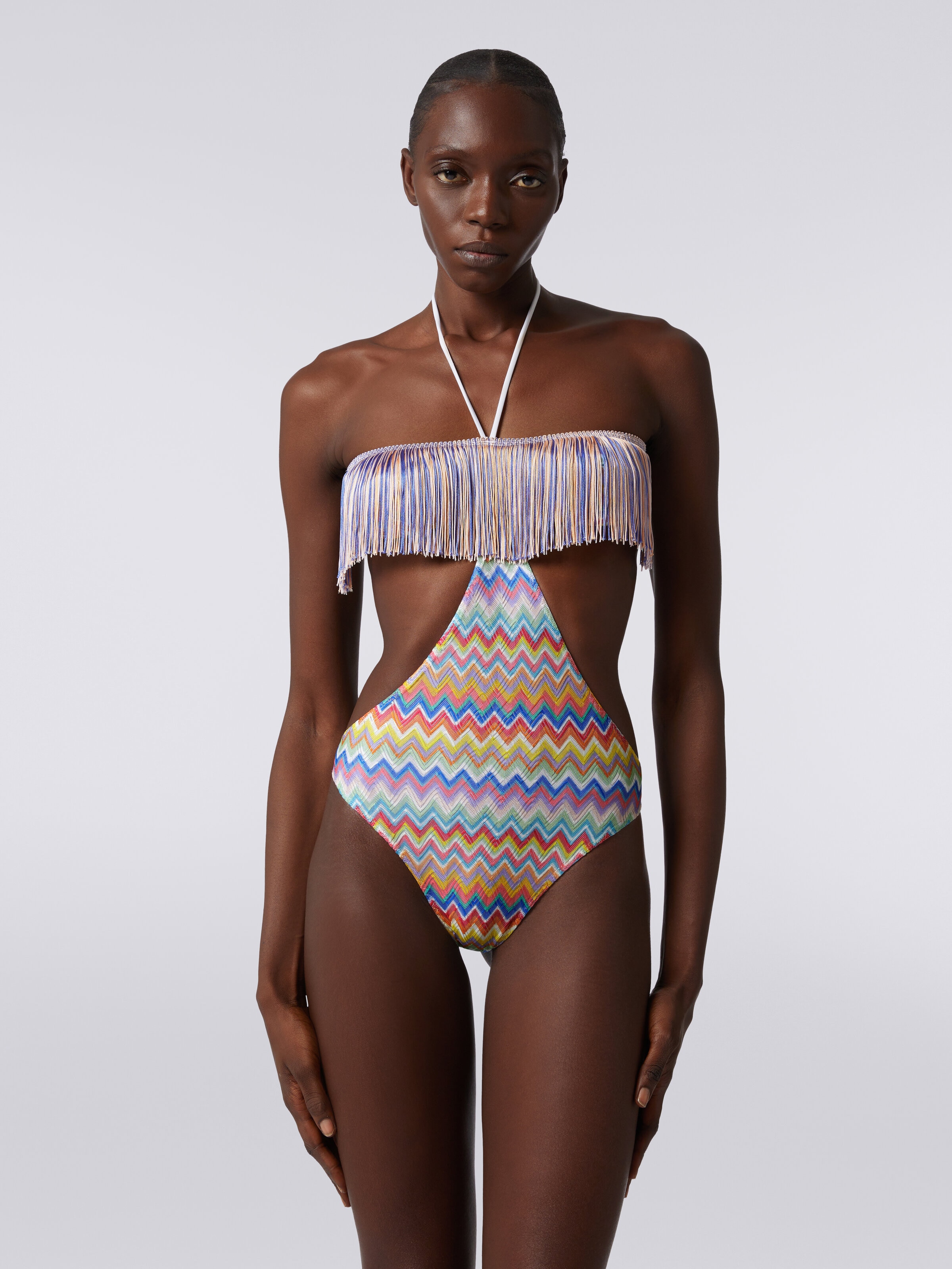One-piece swimming costume with zigzag print and fringes, Multicoloured  - 1