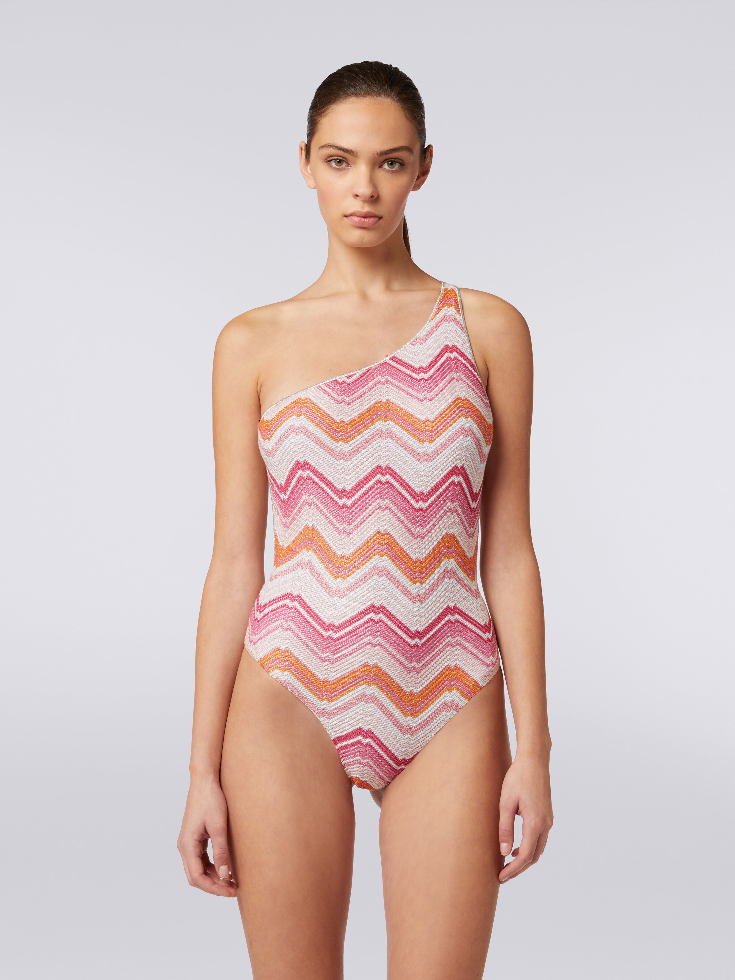 One-shoulder one-piece swimming costume in chevron crochet with lurex, Pink   - 1