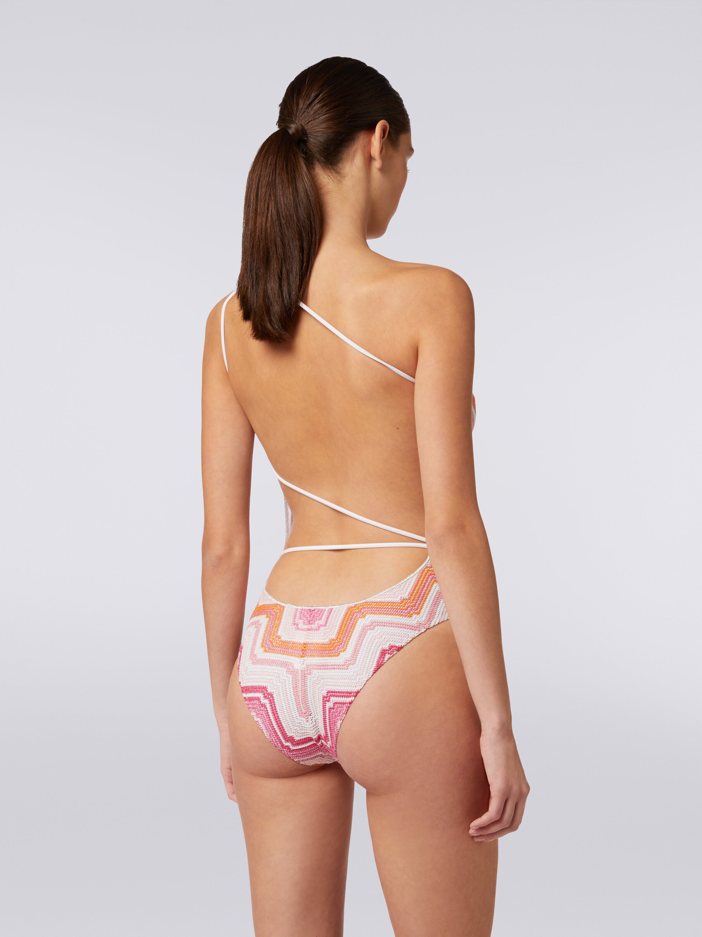 One-shoulder one-piece swimming costume in chevron crochet with lurex, Pink   - 3