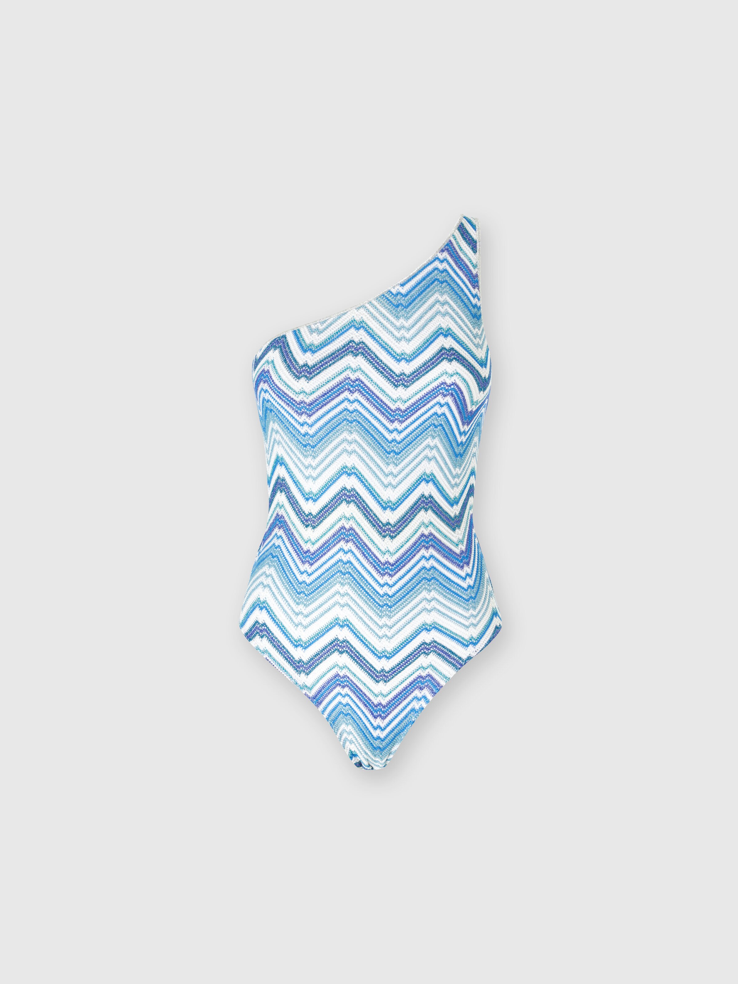 One-shoulder one-piece swimming costume in chevron crochet with lurex, Blue - 0