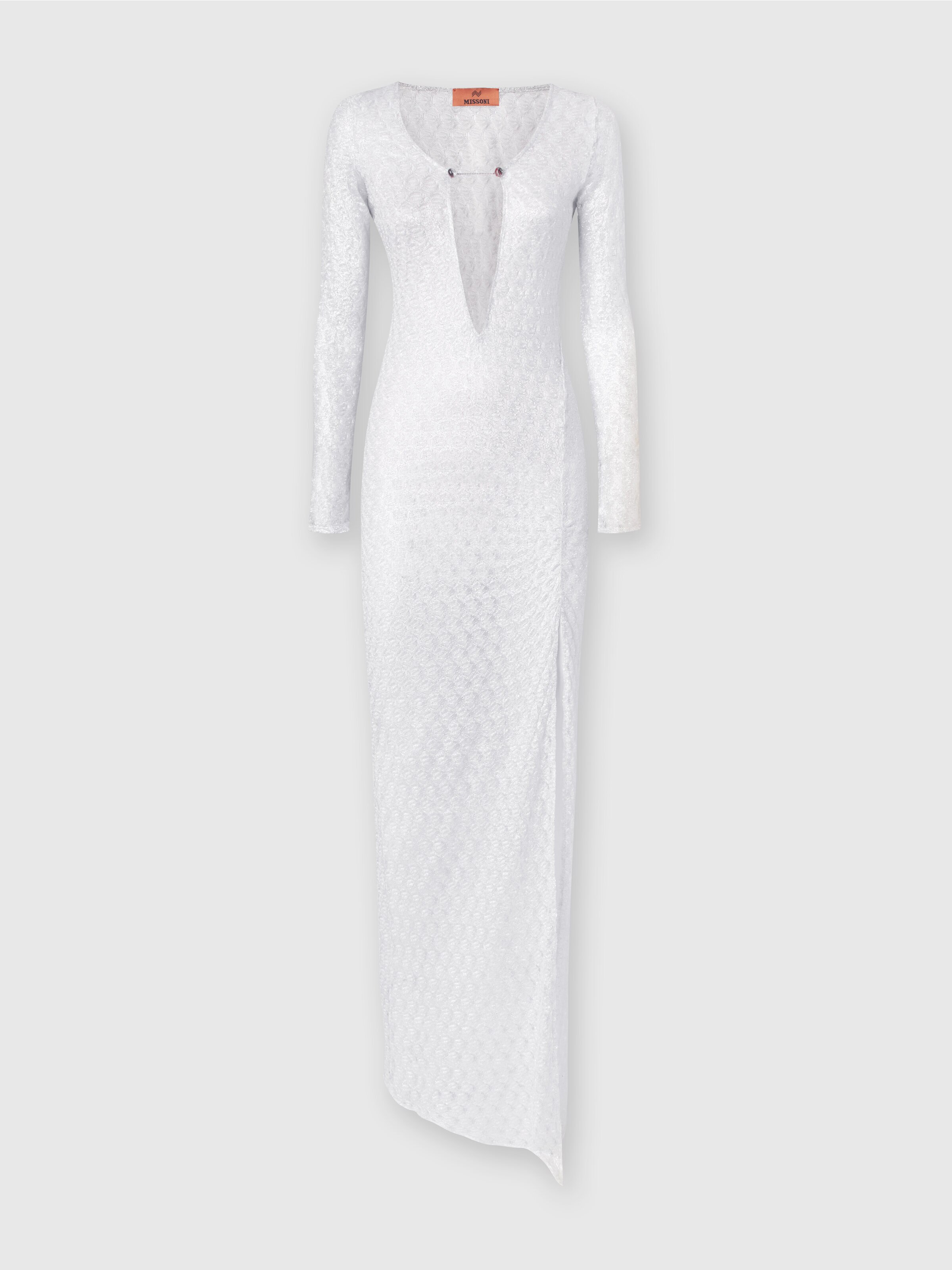 Long lace-effect dress with V neckline and appliqués, White  - 0