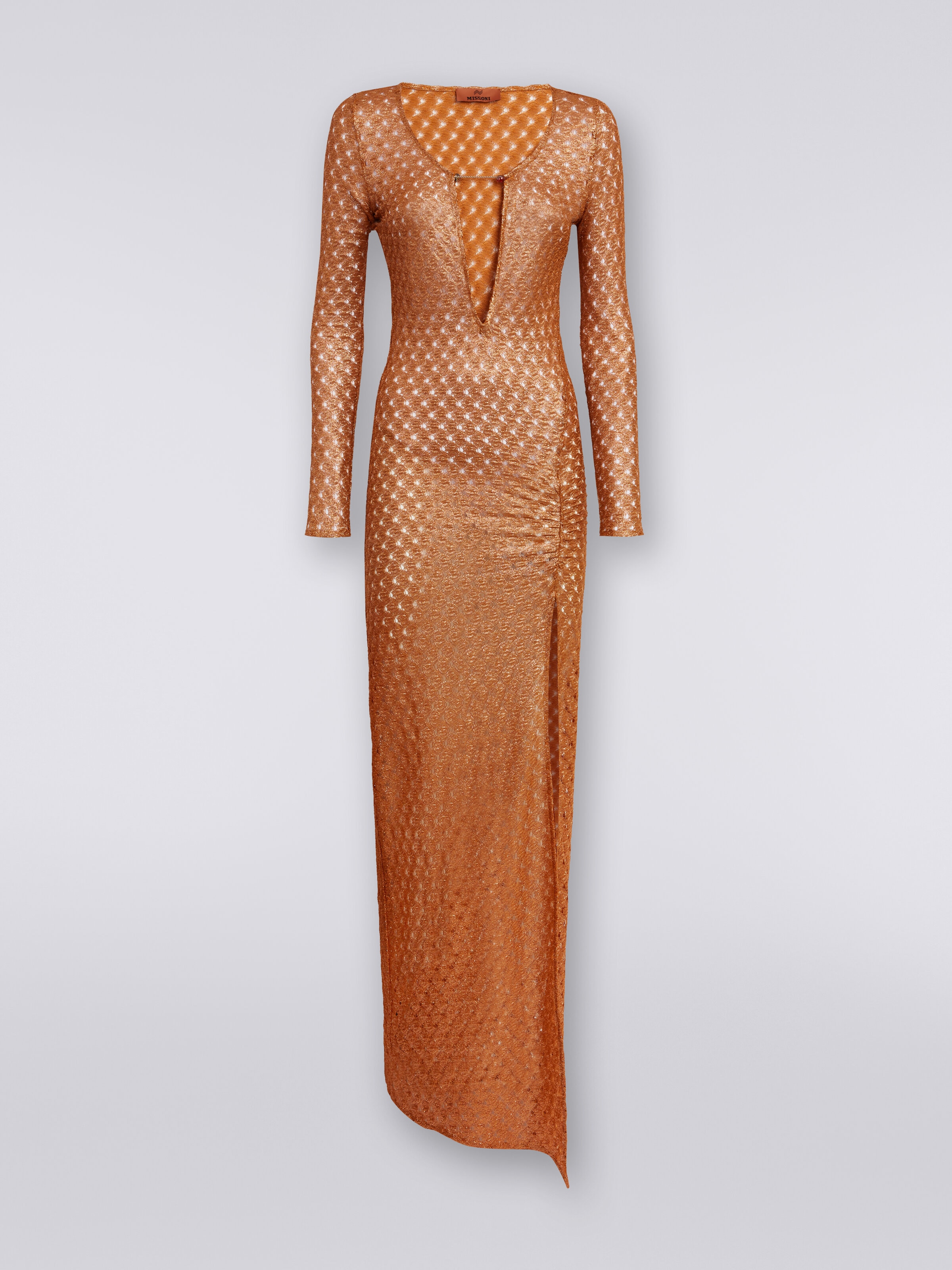 Langes Kleid in Spitzenoptik mit V-Ausschnitt und Applikationen, Braun - 0