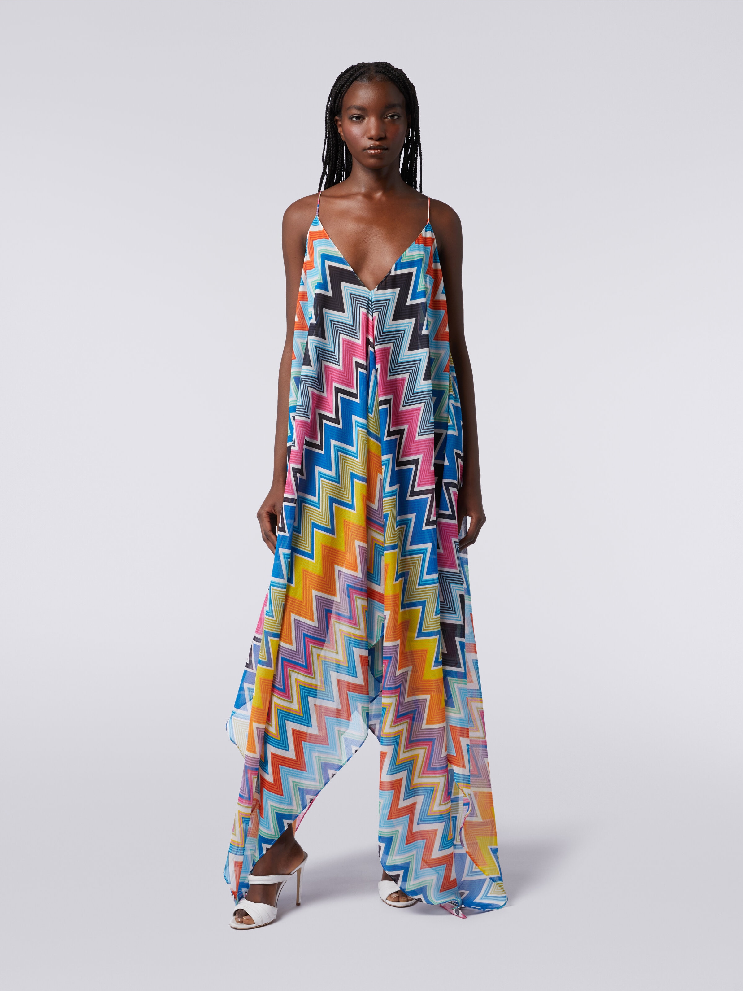 Long cover-up with neck scarf cut in printed cotton and silk, Multicoloured  - 1