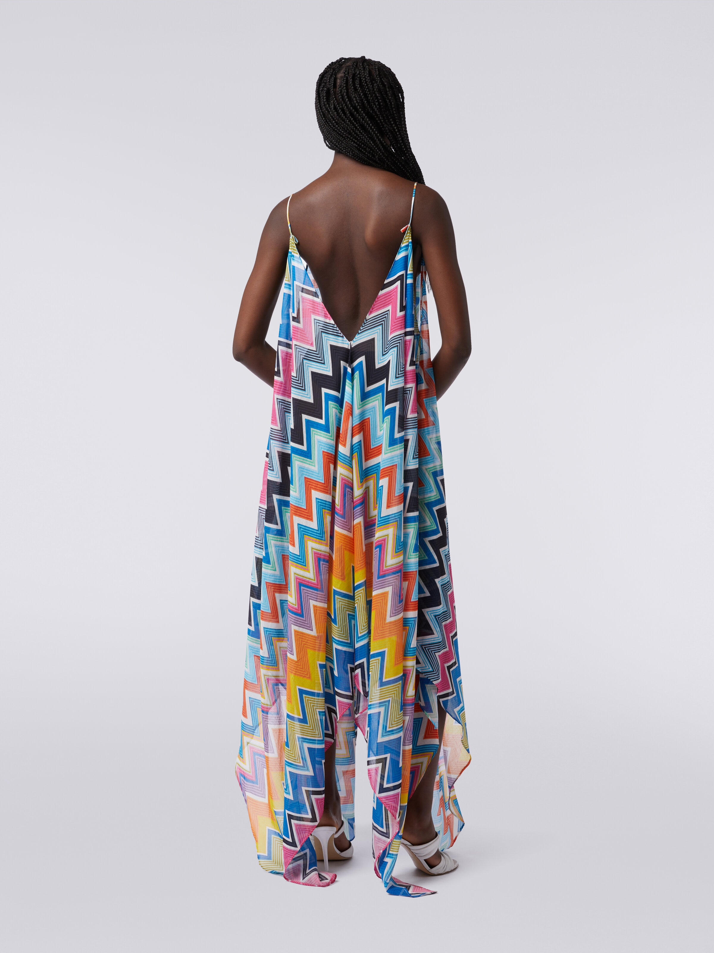 Long cover-up with neck scarf cut in printed cotton and silk, Multicoloured  - 3
