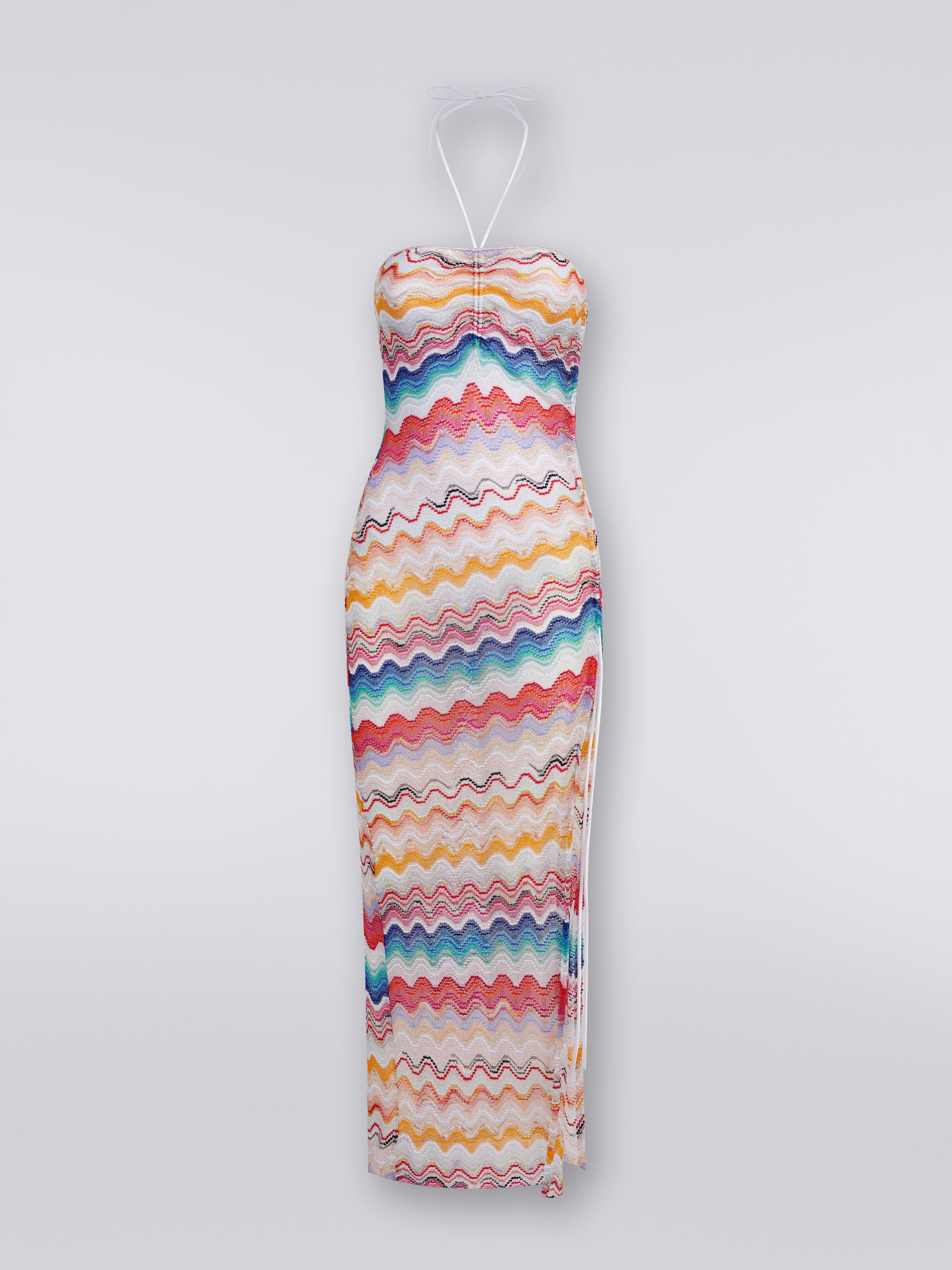 Long cover up dress in wave motif crochet, Multicoloured  - 0