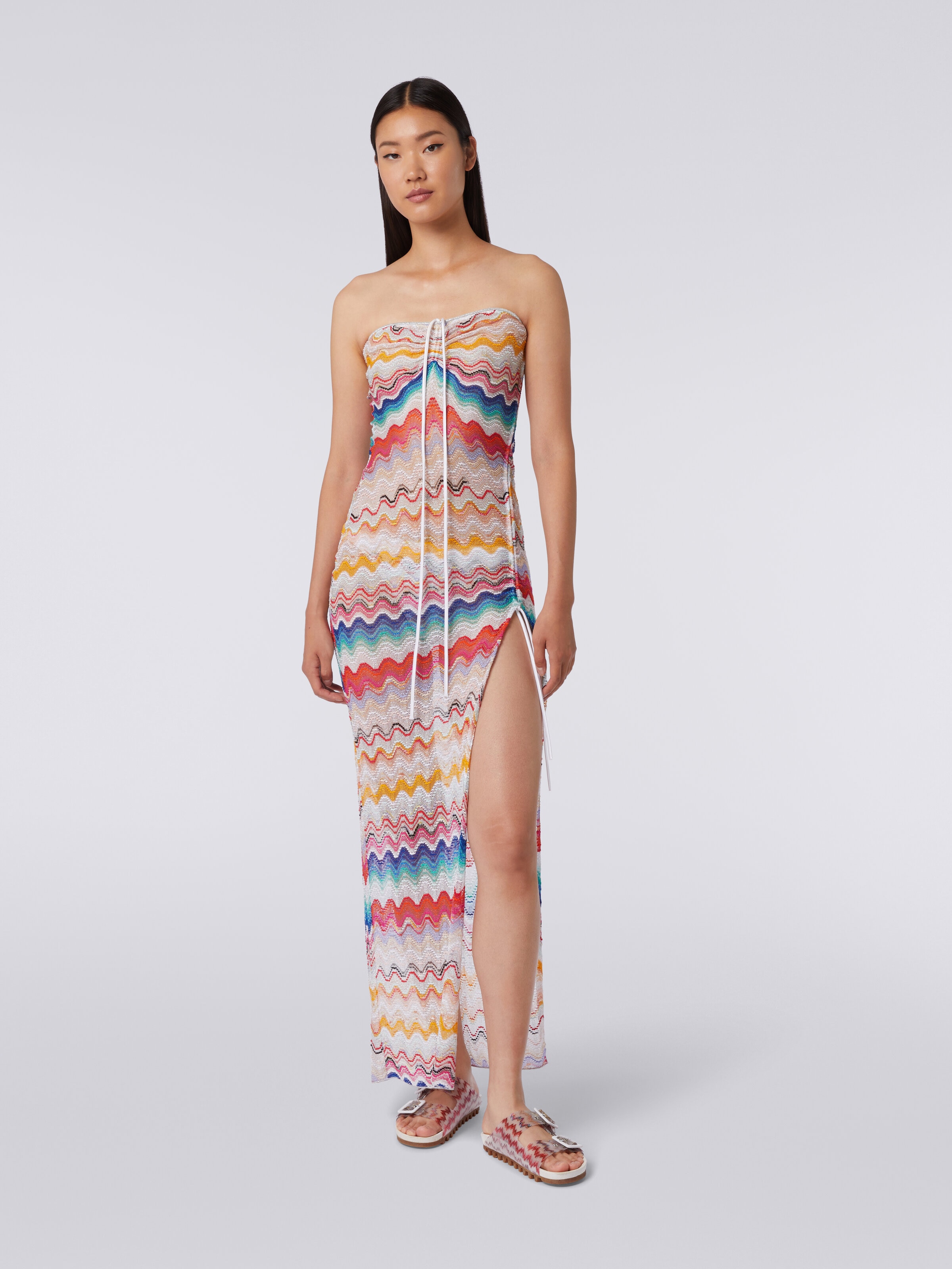 Long cover up dress in wave motif crochet, Multicoloured  - 1