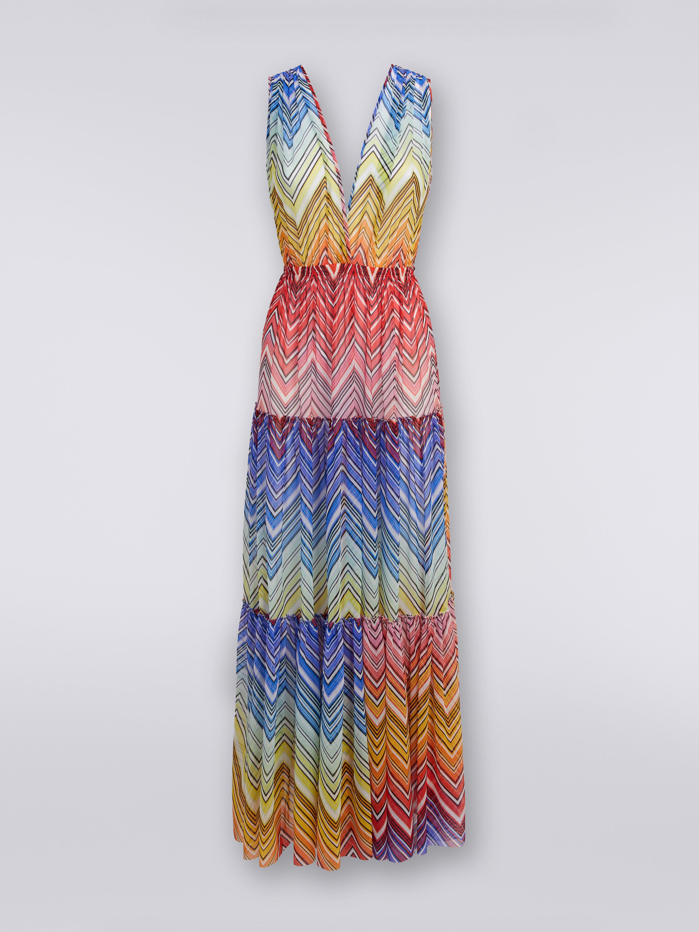 Long cover up dress in zigzag print tulle, Multicoloured  - 0