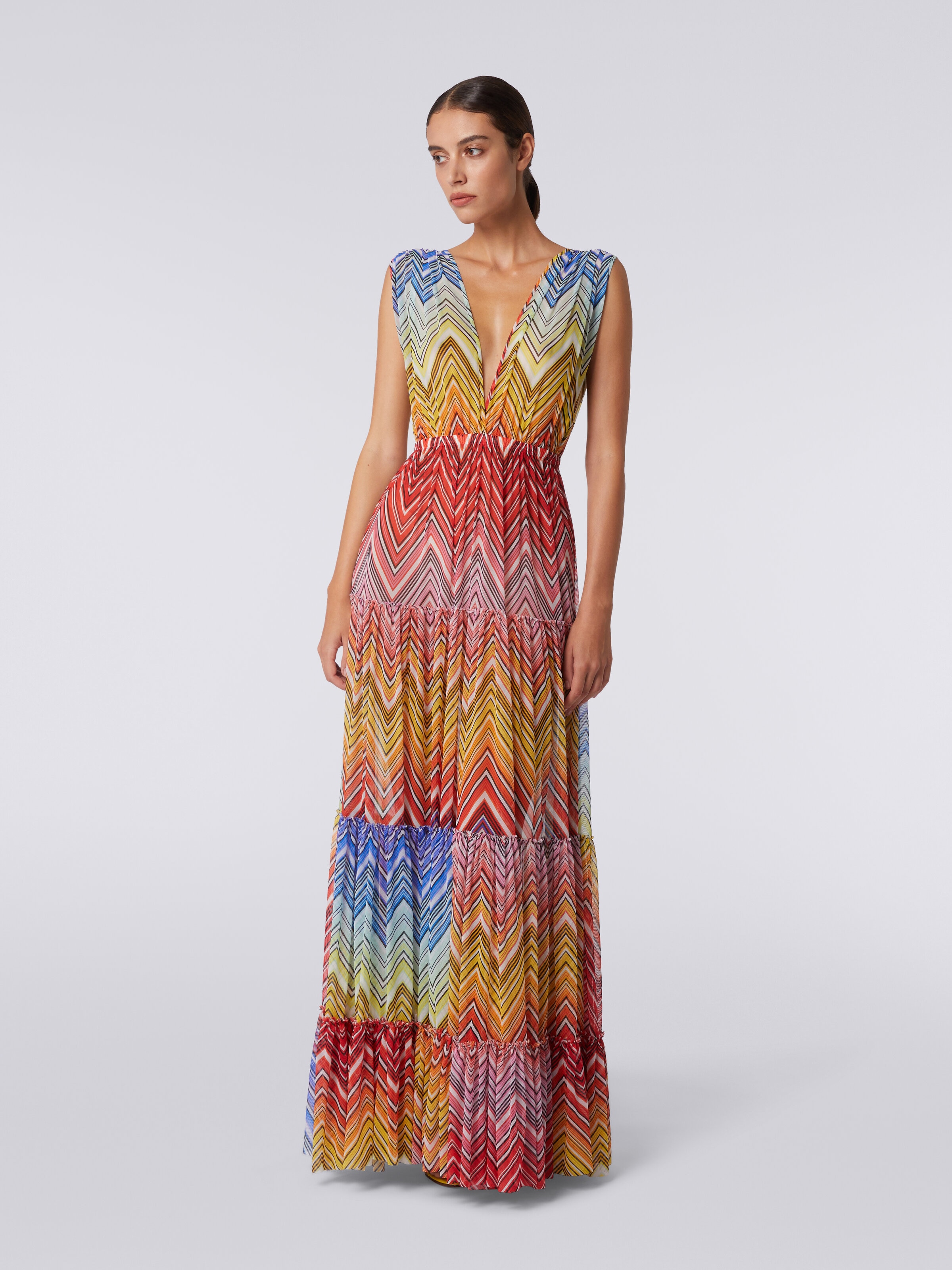 Long cover up dress in zigzag print tulle, Multicoloured  - 1