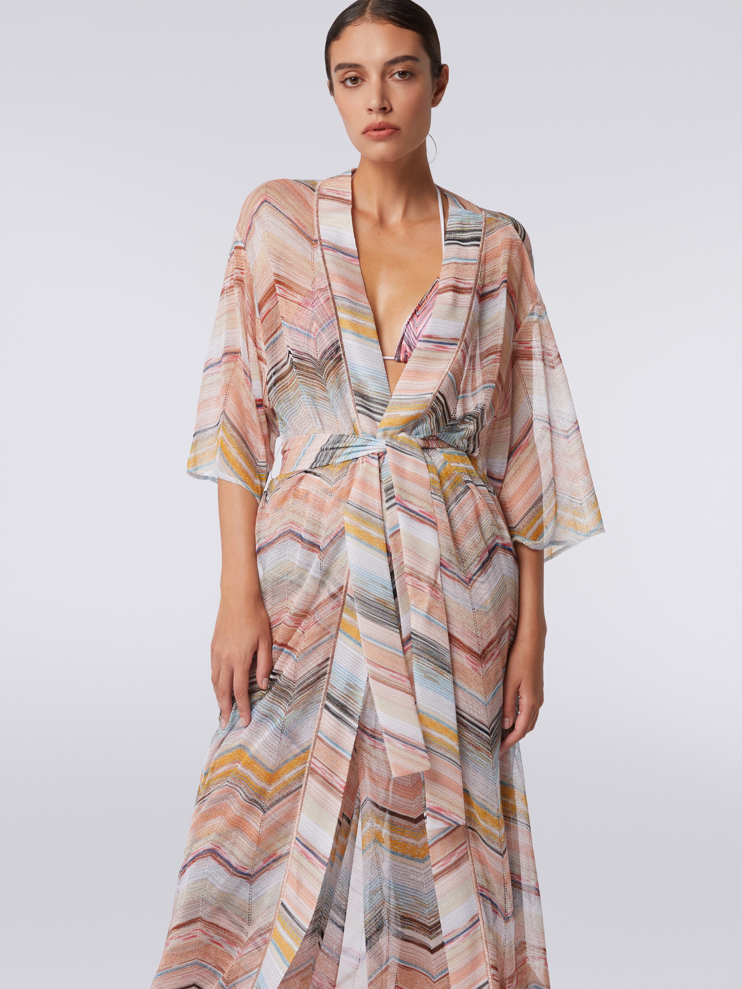 Long chevron dressing gown cover up with lurex, Multicoloured  - 4