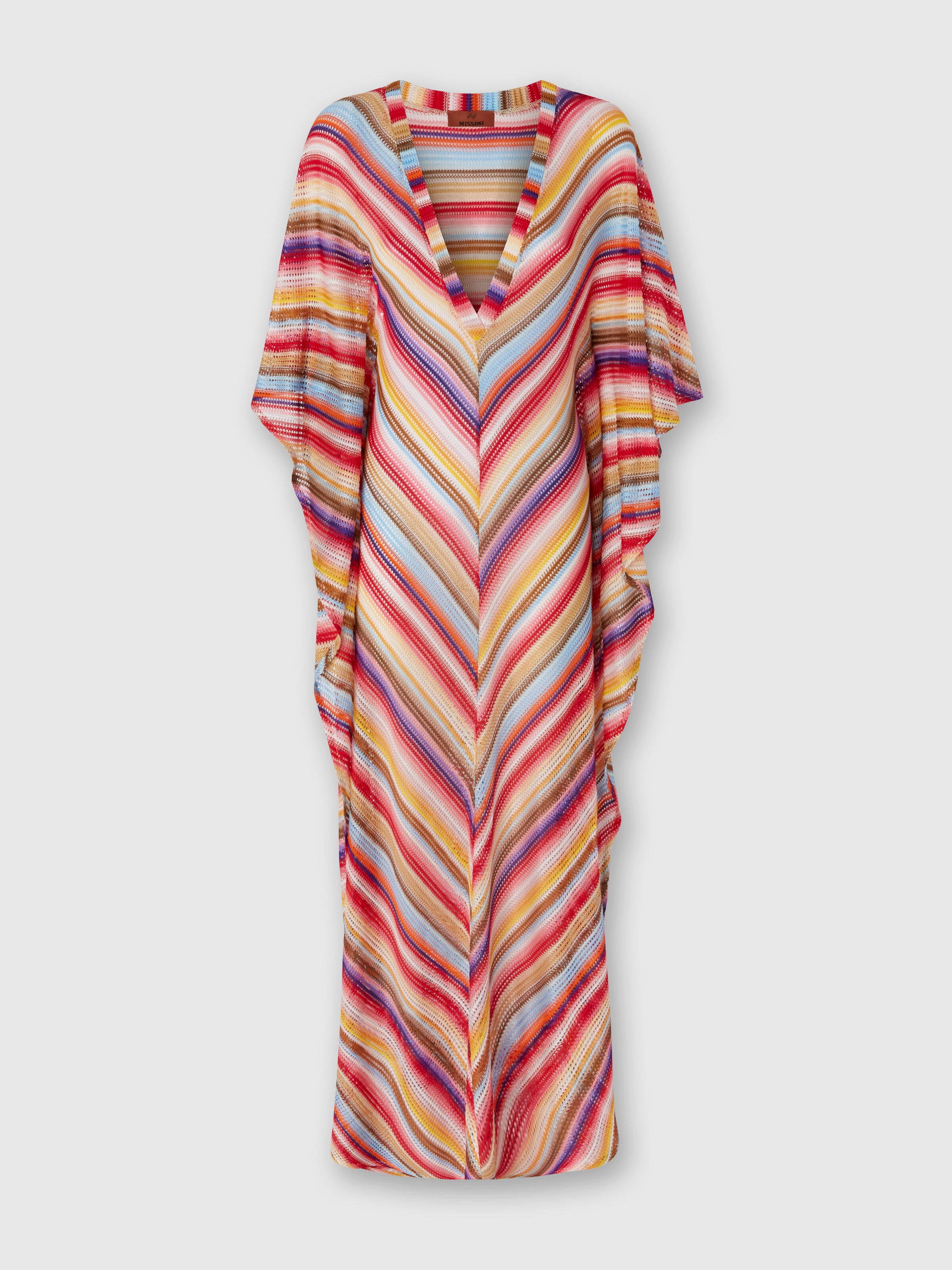 Long cover up kaftan in striped crochet, Multicoloured  - 0