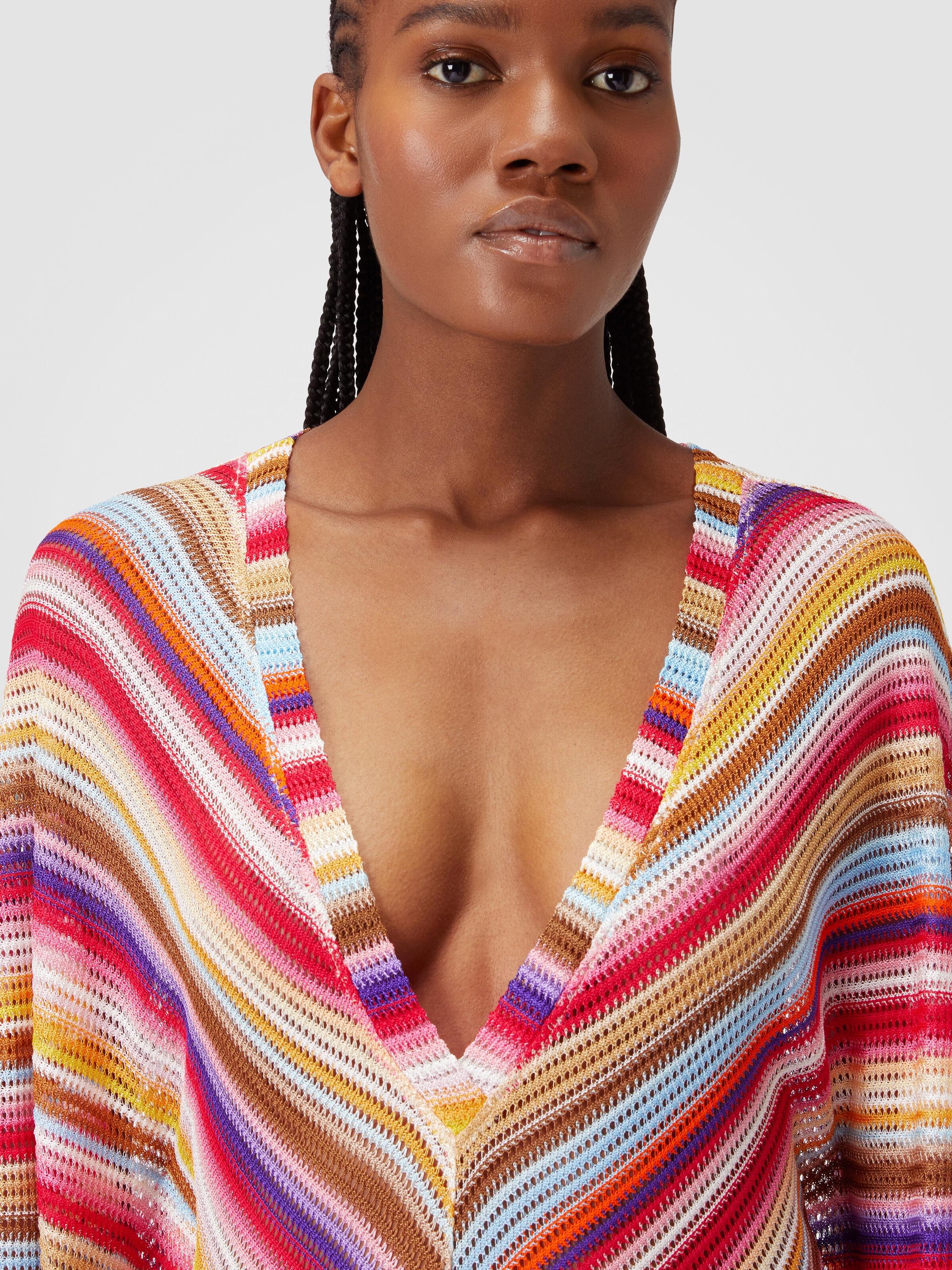 Long cover up kaftan in striped crochet, Multicoloured  - 4