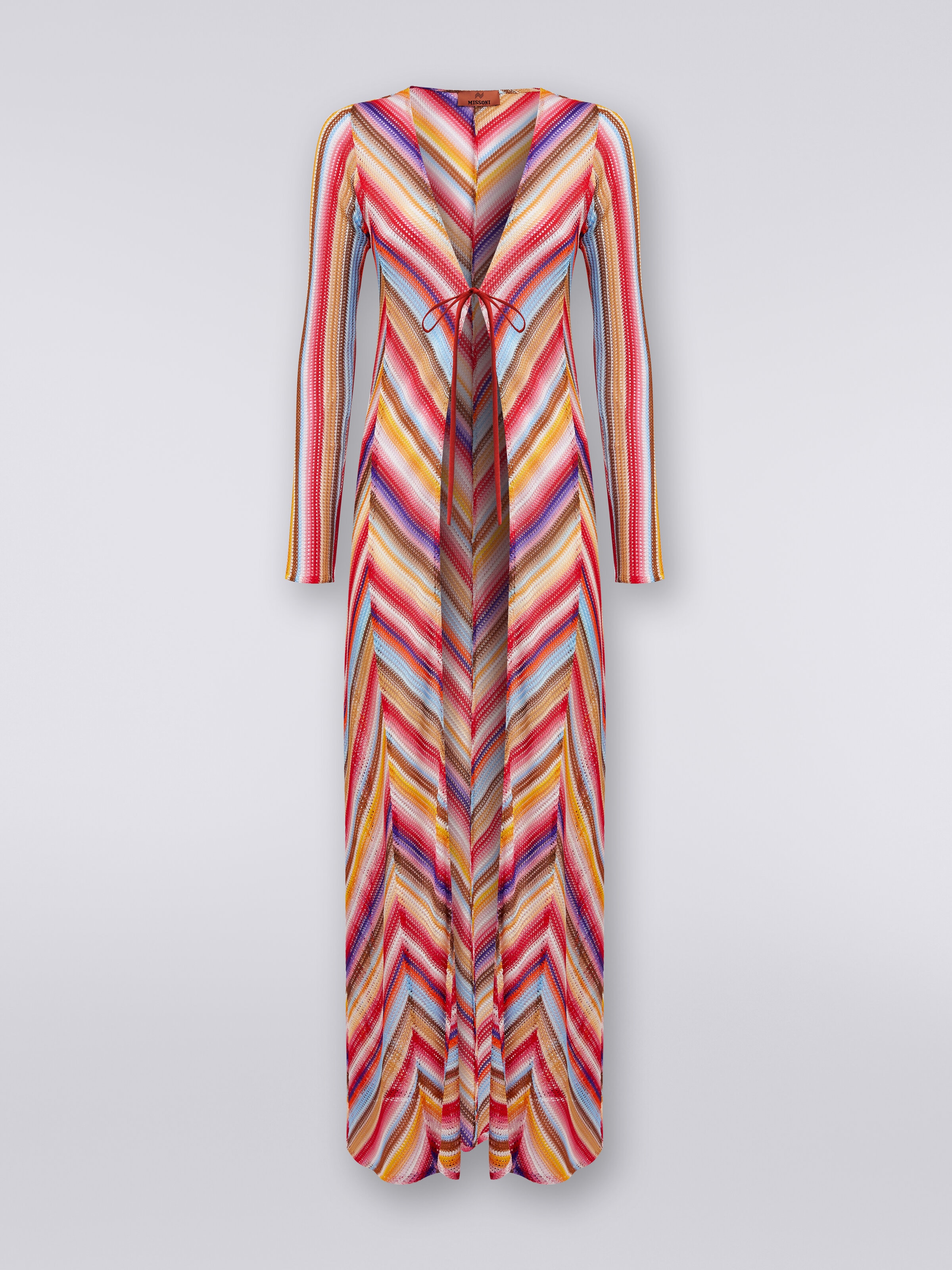 Long cover up cardigan in striped crochet, Multicoloured  - 0