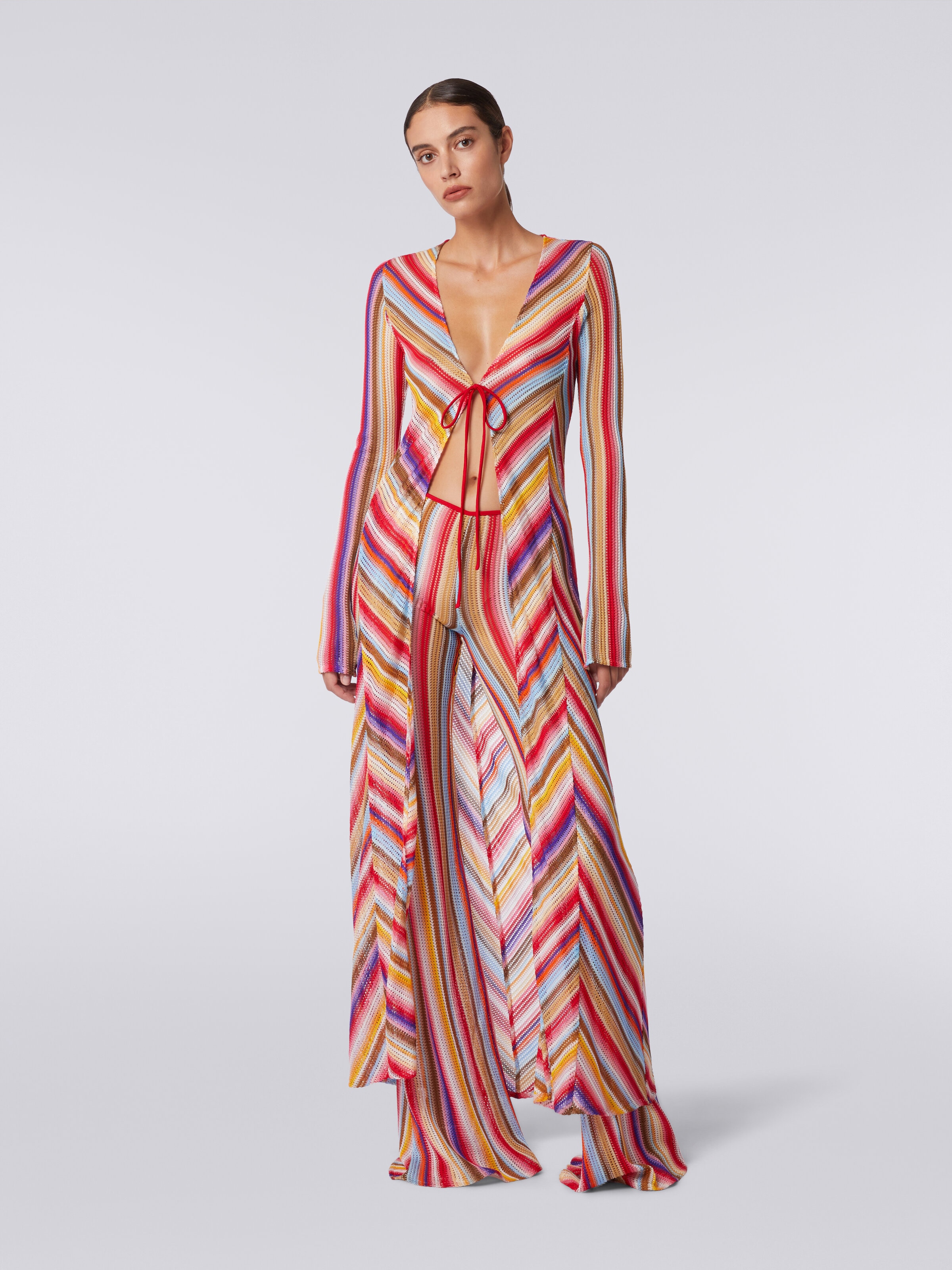 Long cover up cardigan in striped crochet, Multicoloured  - 1