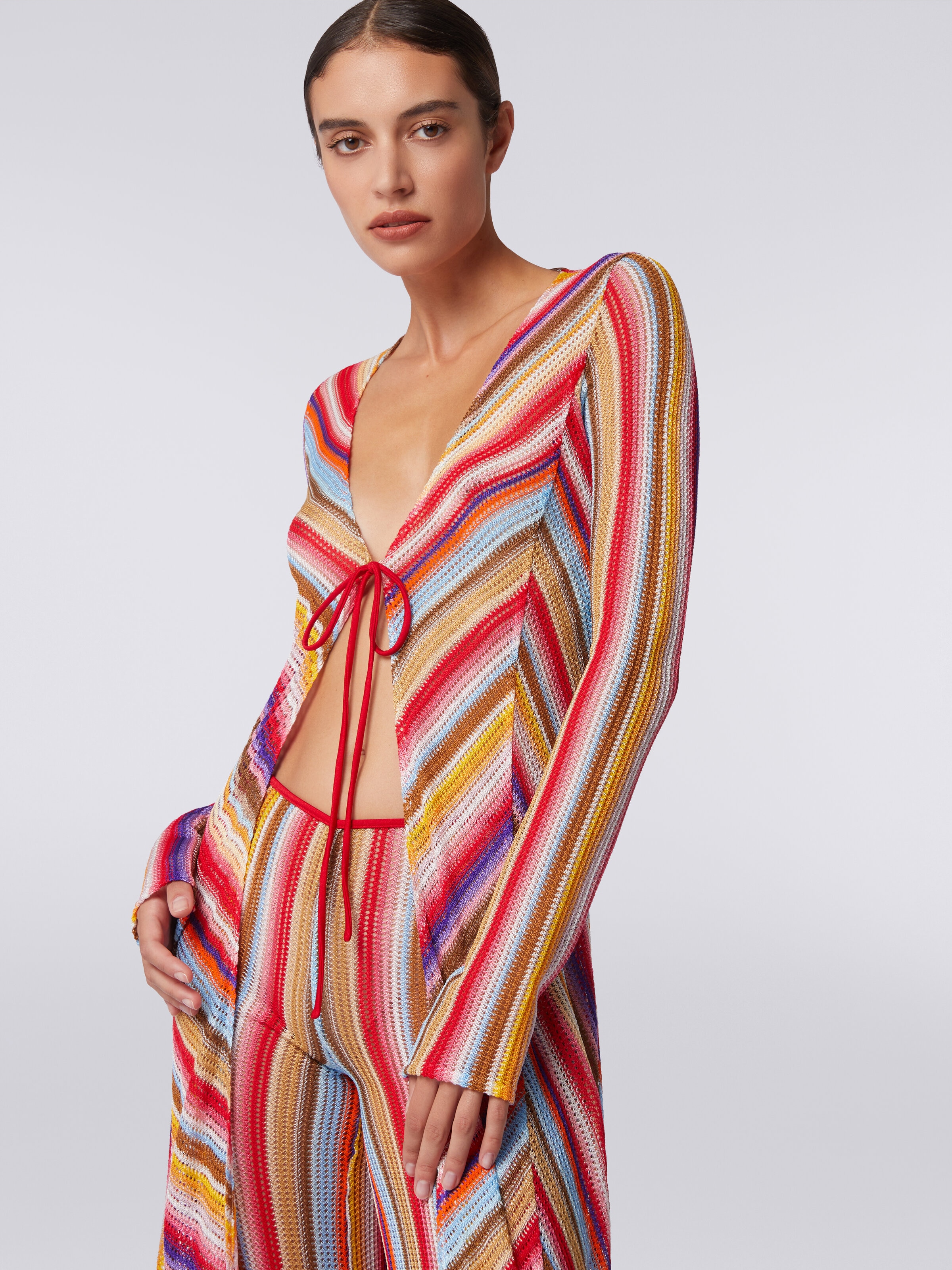 Long cover up cardigan in striped crochet, Multicoloured  - 4
