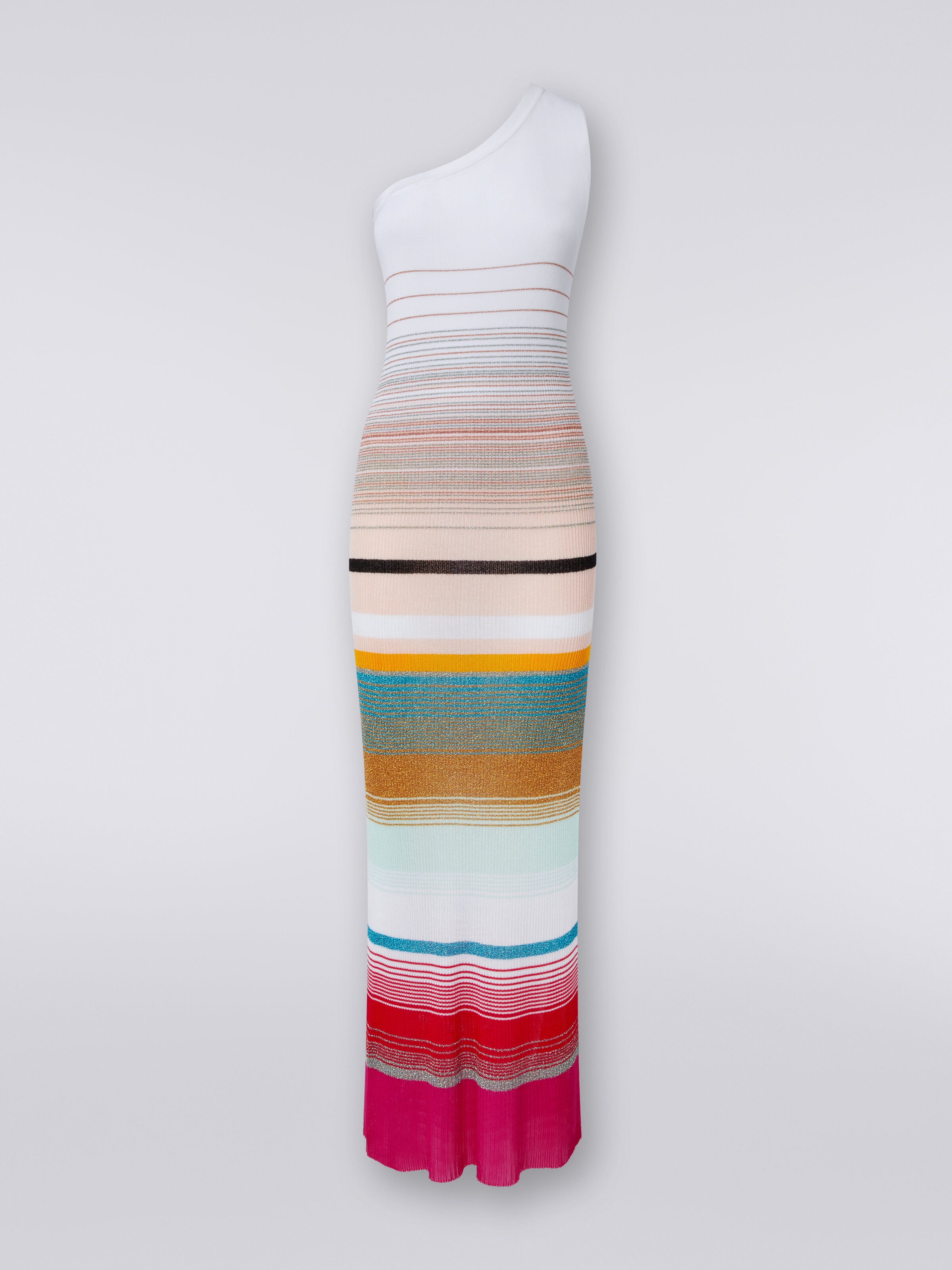 One-shoulder dress in striped ribbed knit with lurex, Multicoloured  - 0