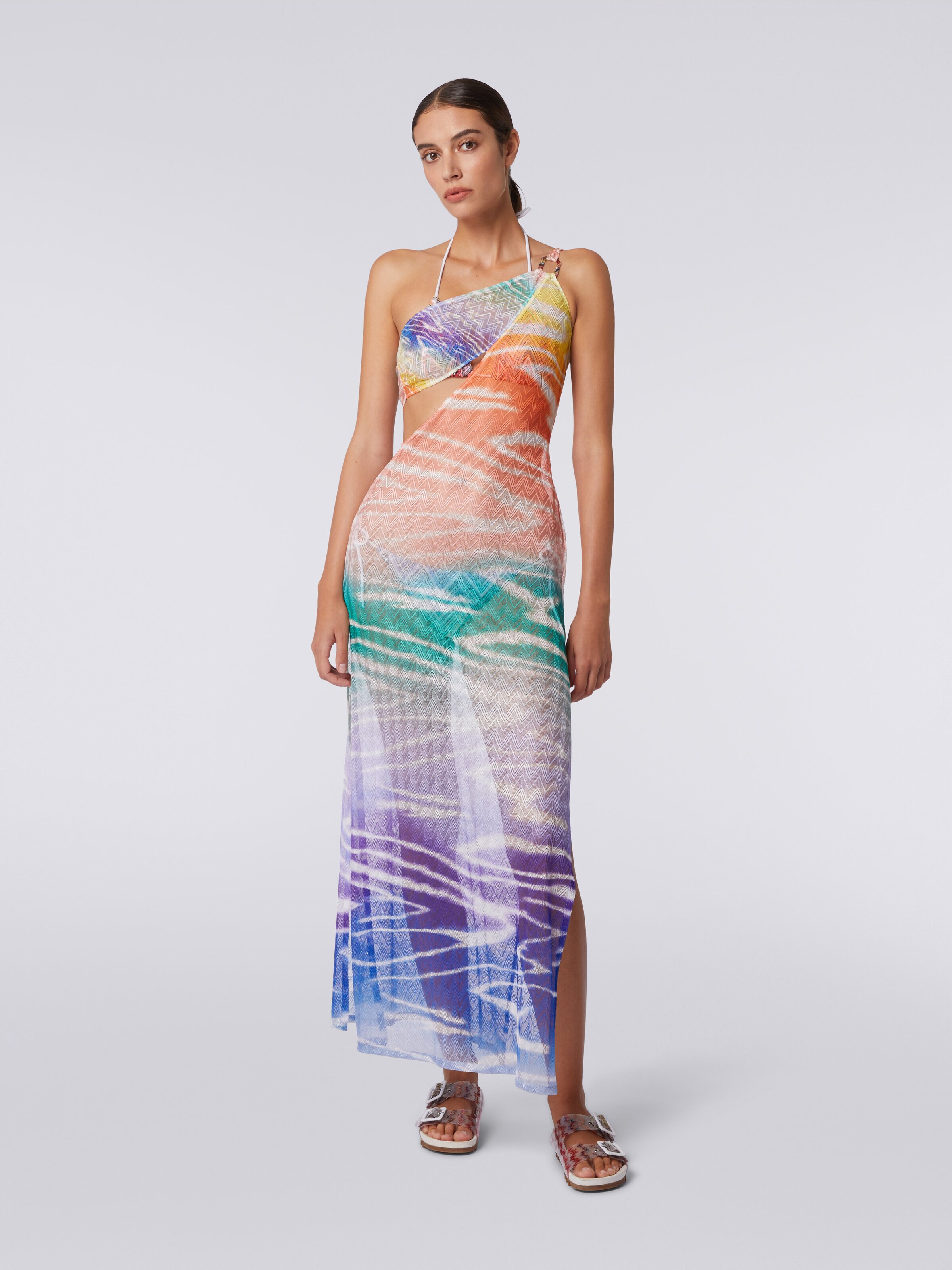 Langes One-Shoulder-Strandkleid mit Tie-Dye-Print, Mehrfarbig  - 1