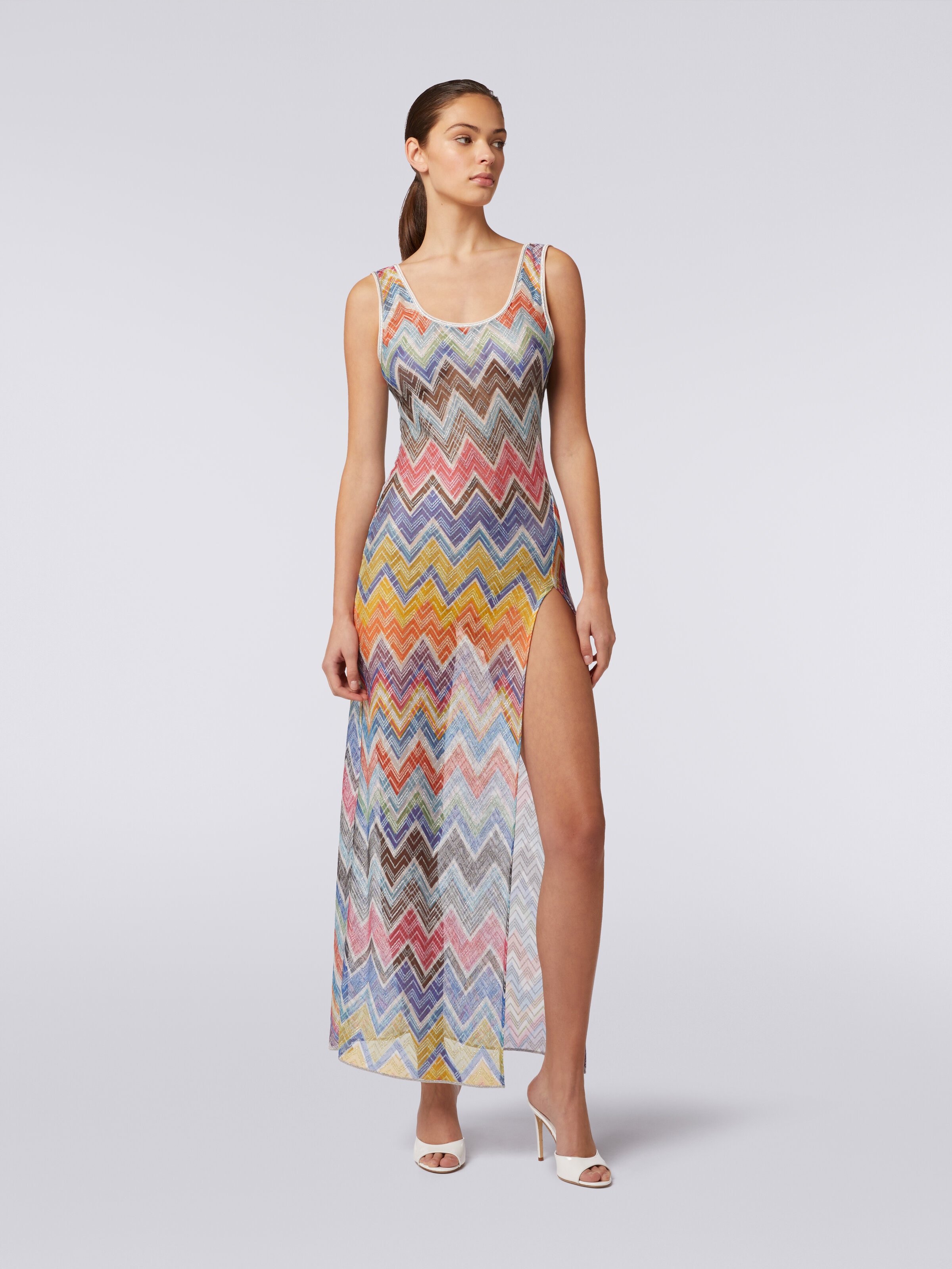 Long cover-up with zigzag print and lurex, Multicoloured  - 1