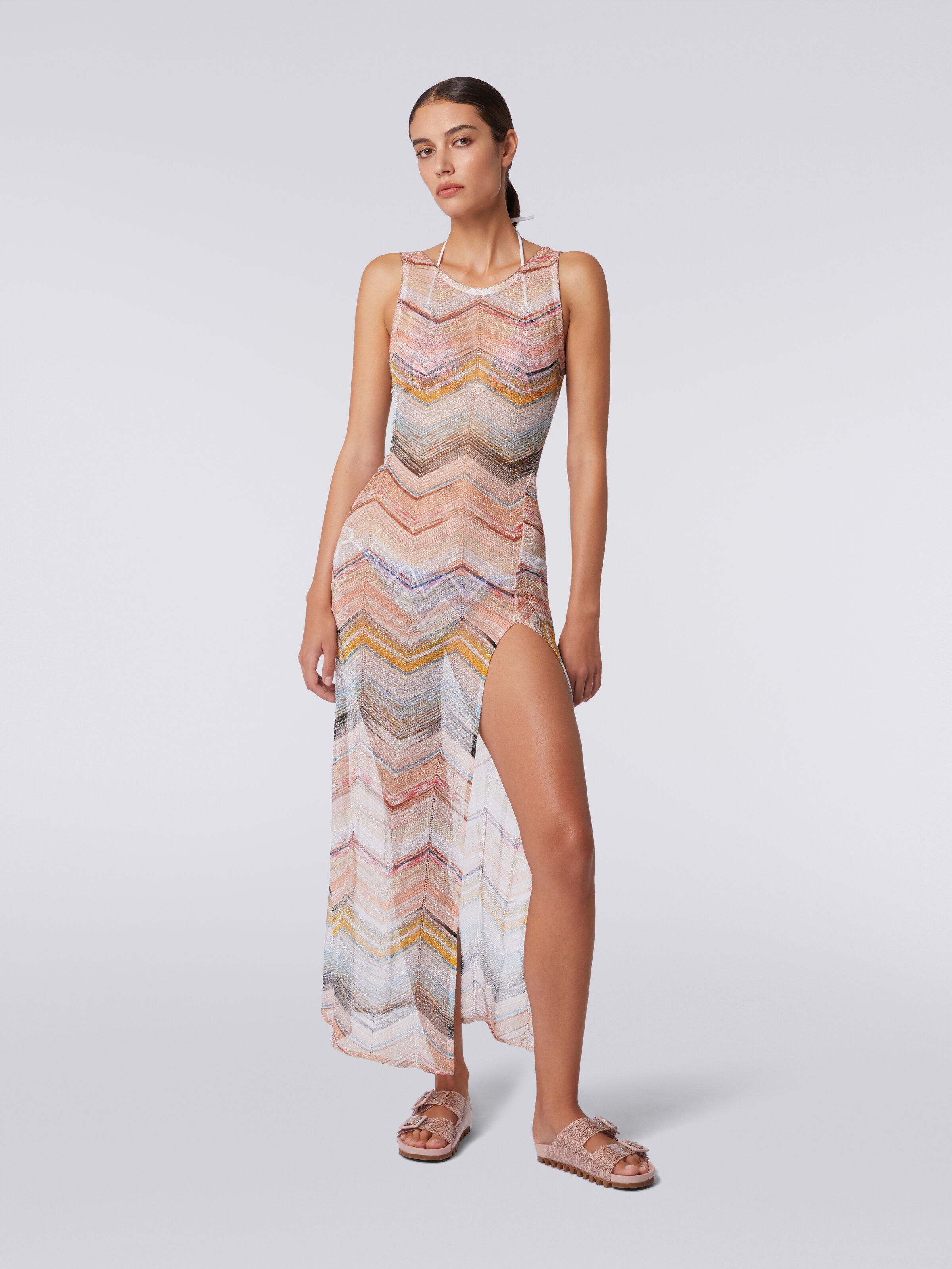 Long cover up chevron motif dress with lurex, Multicoloured  - 1