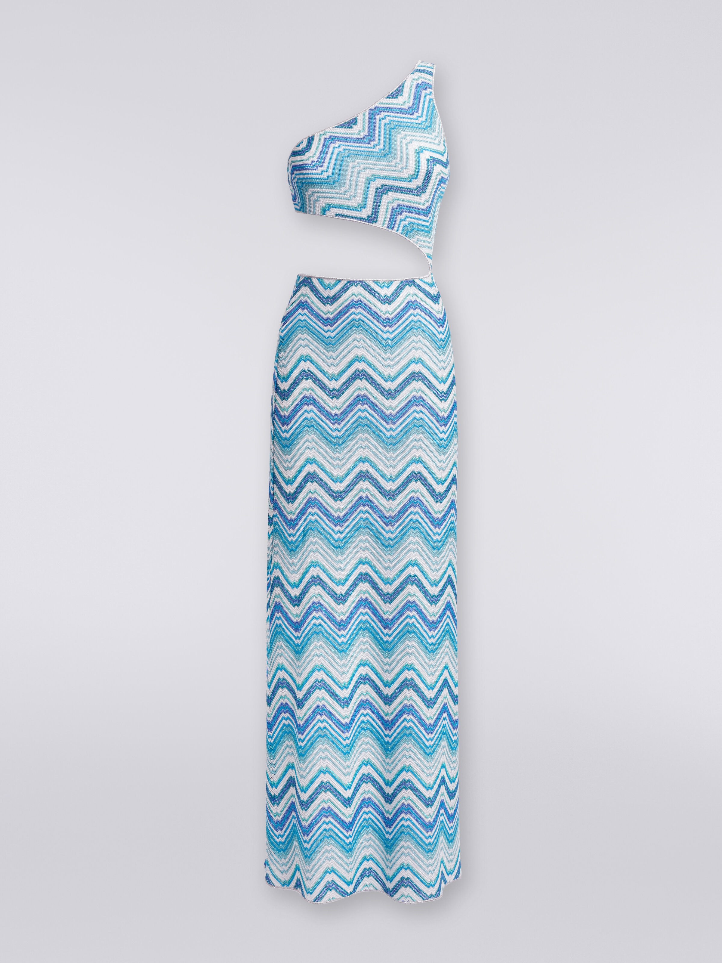 Long chevron crochet cover-up with cut-out and lurex, Blue - 0