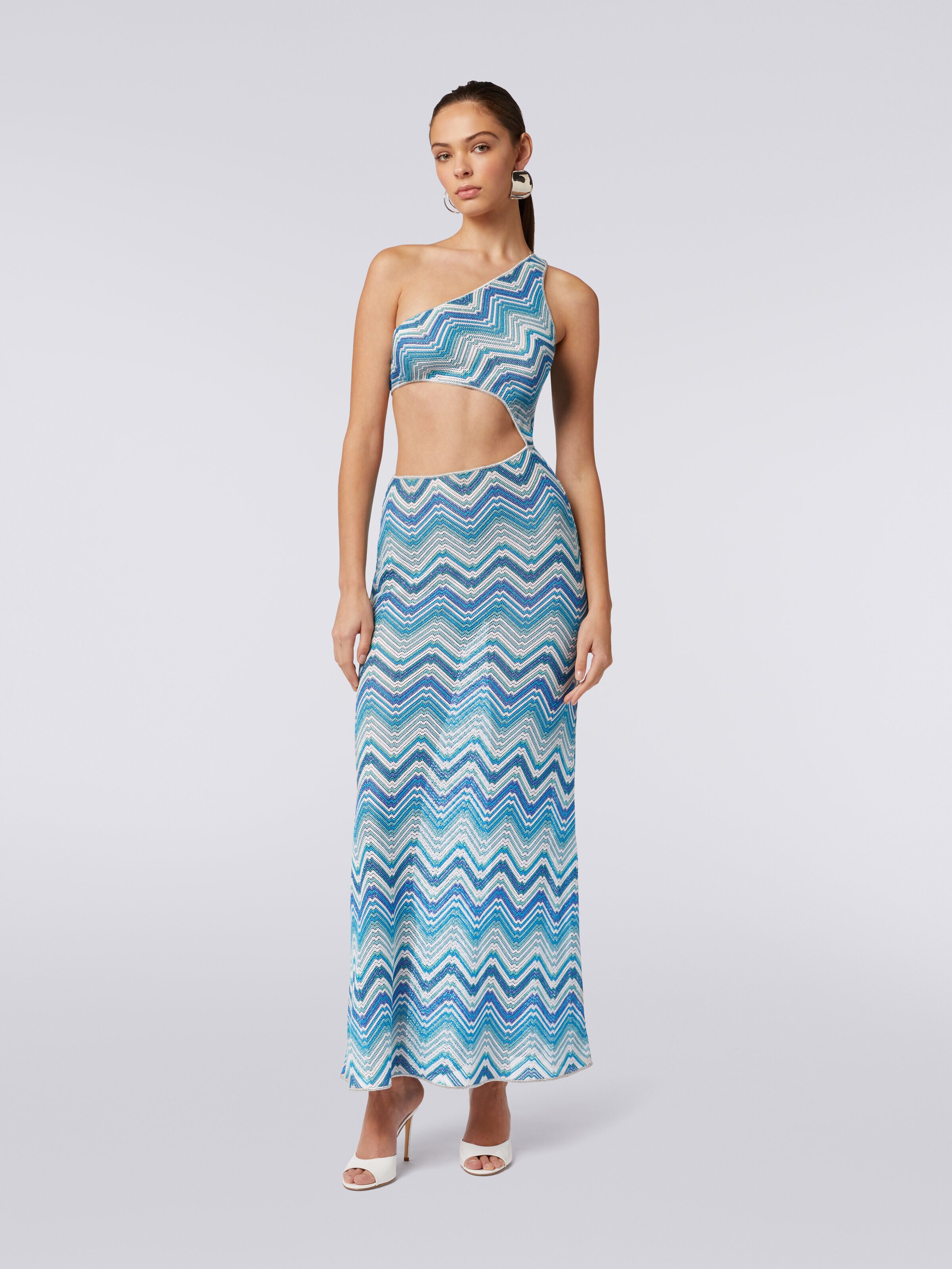 Long chevron crochet cover-up with cut-out and lurex, Blue - 1