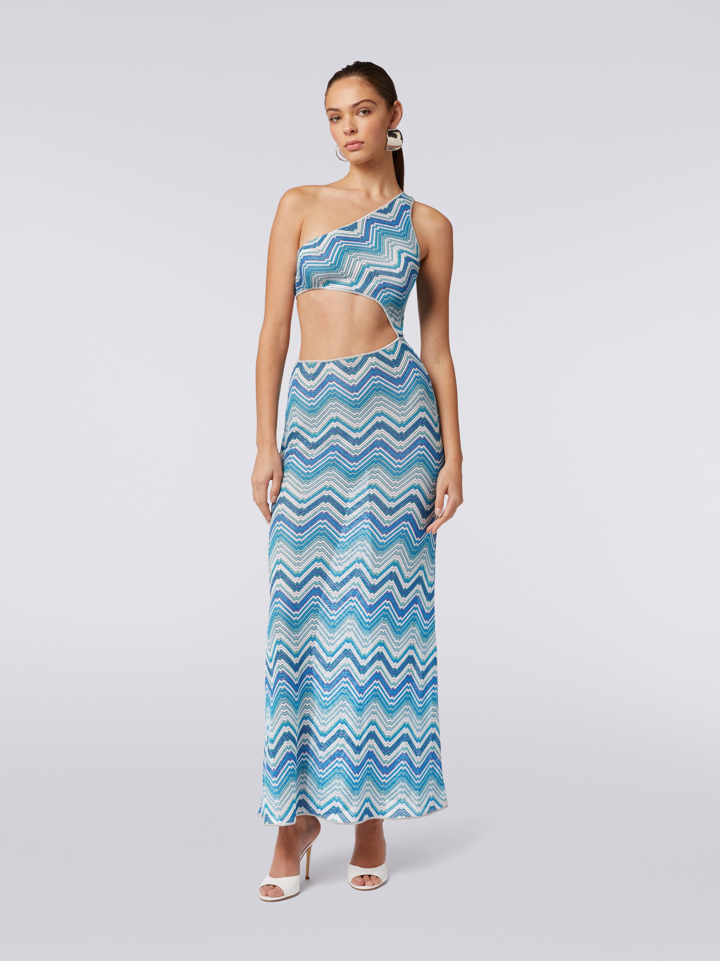 Long chevron crochet cover-up with cut-out and lurex, Blue - 1