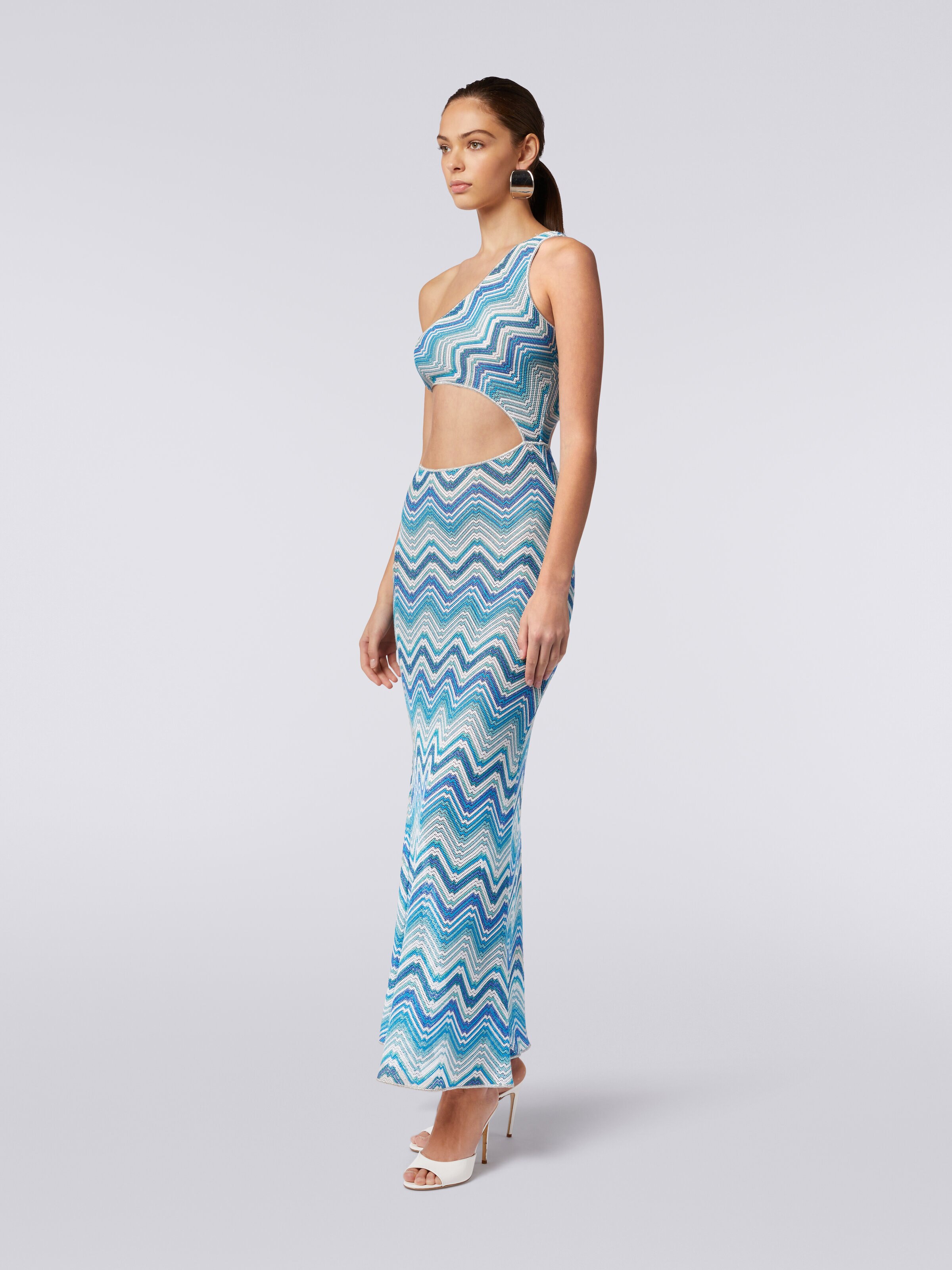 Long chevron crochet cover-up with cut-out and lurex, Blue - 2