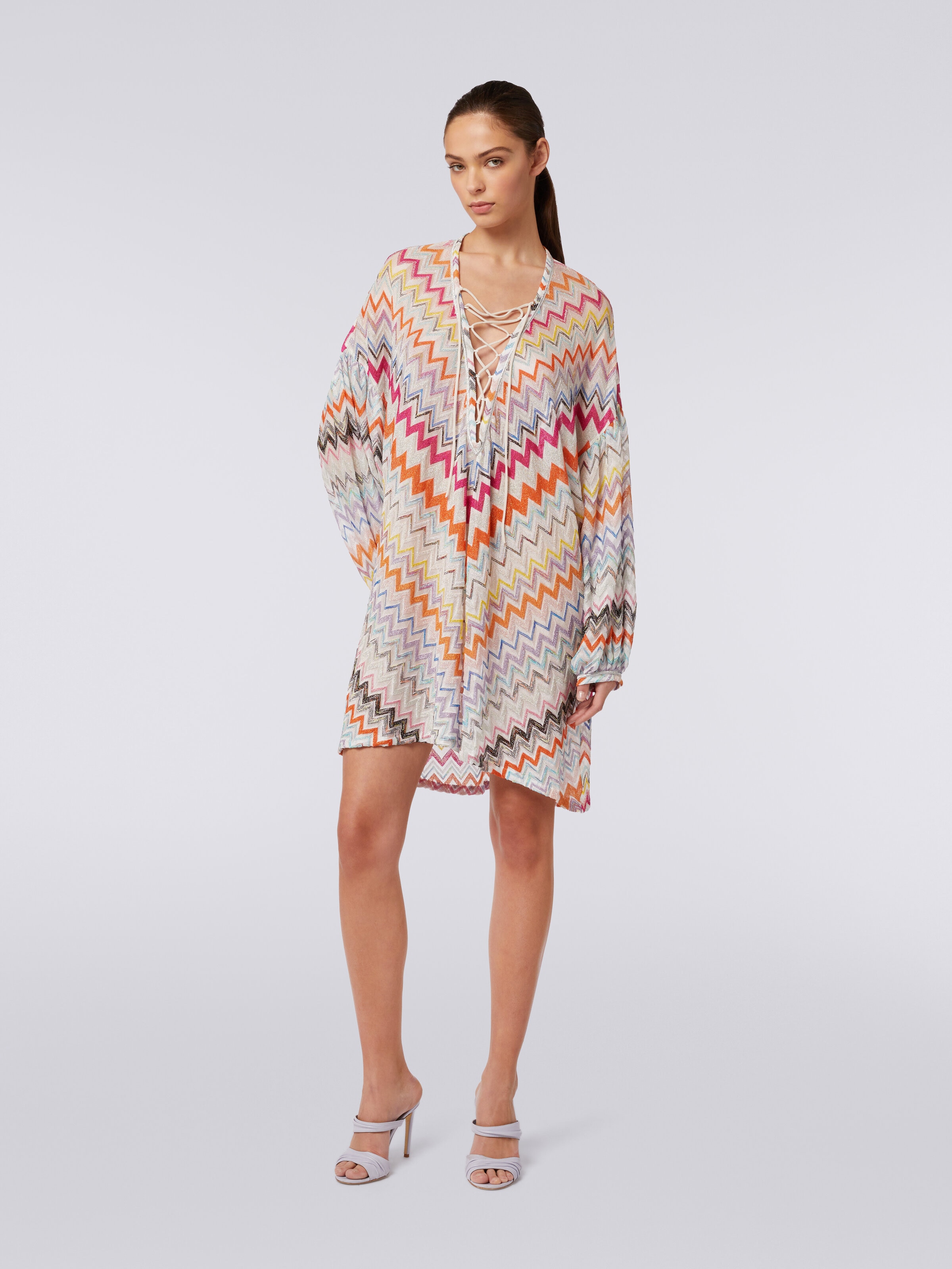 Short cover-up kaftan with zigzag pattern and lurex, Multicoloured  - 1