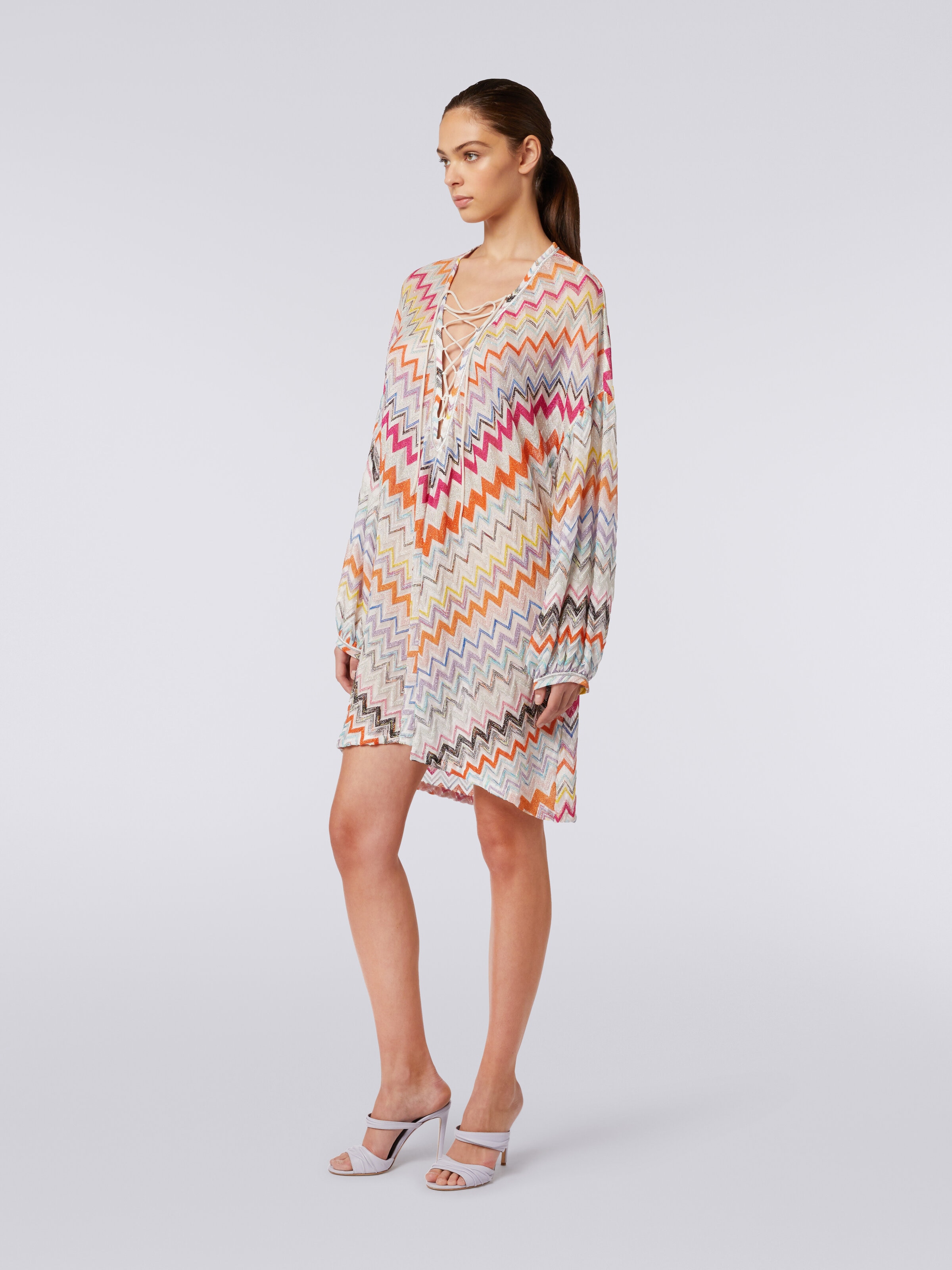 Short cover-up kaftan with zigzag pattern and lurex, Multicoloured  - 2