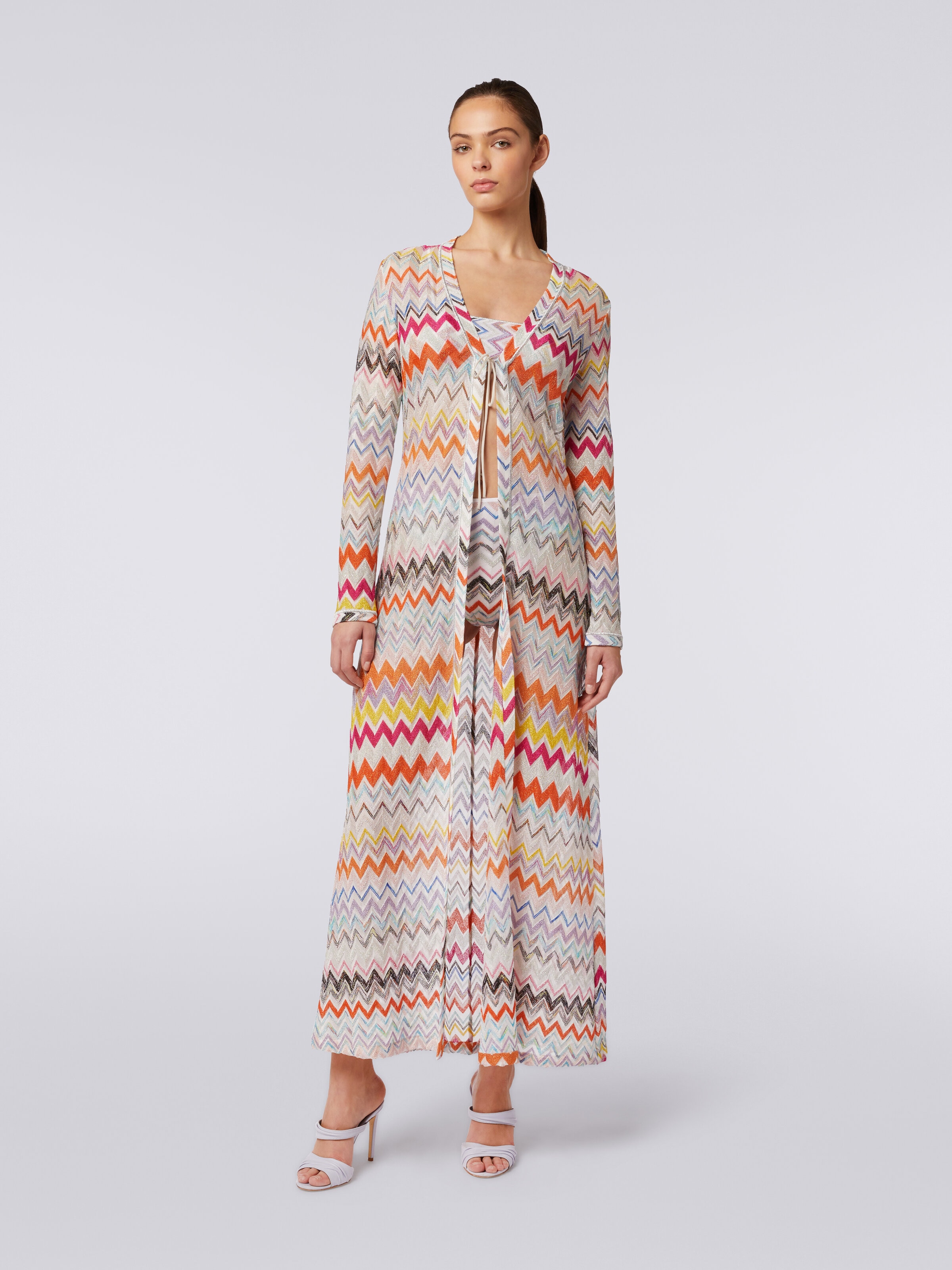 Long cardigan cover-up with zigzag pattern and lurex, Multicoloured  - 1