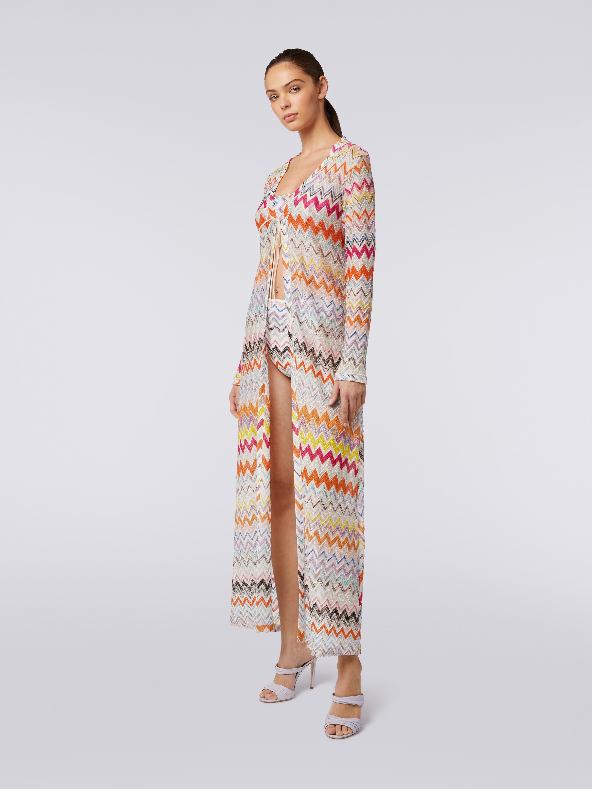 Long cardigan cover-up with zigzag pattern and lurex, Multicoloured  - 2