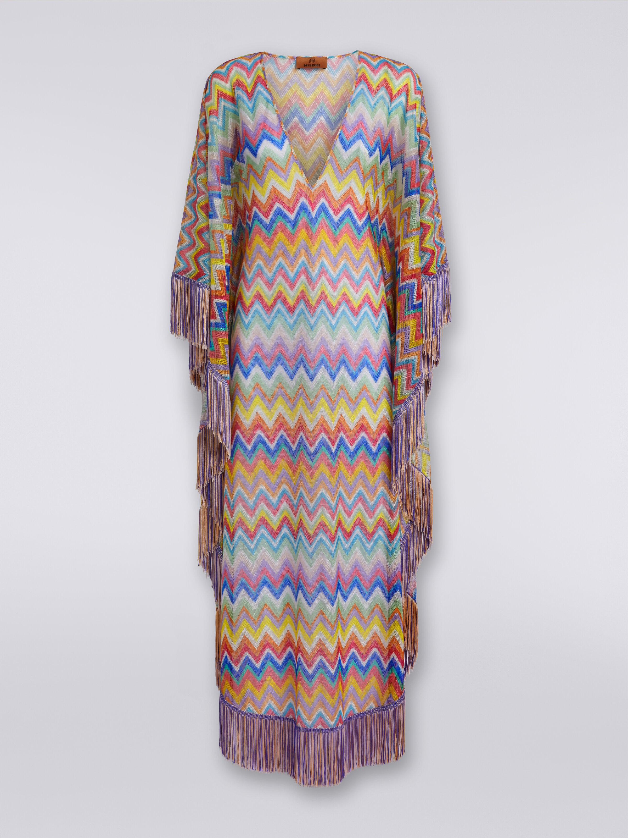 Long cover-up kaftan with zigzag print and fringes, Multicoloured  - 0