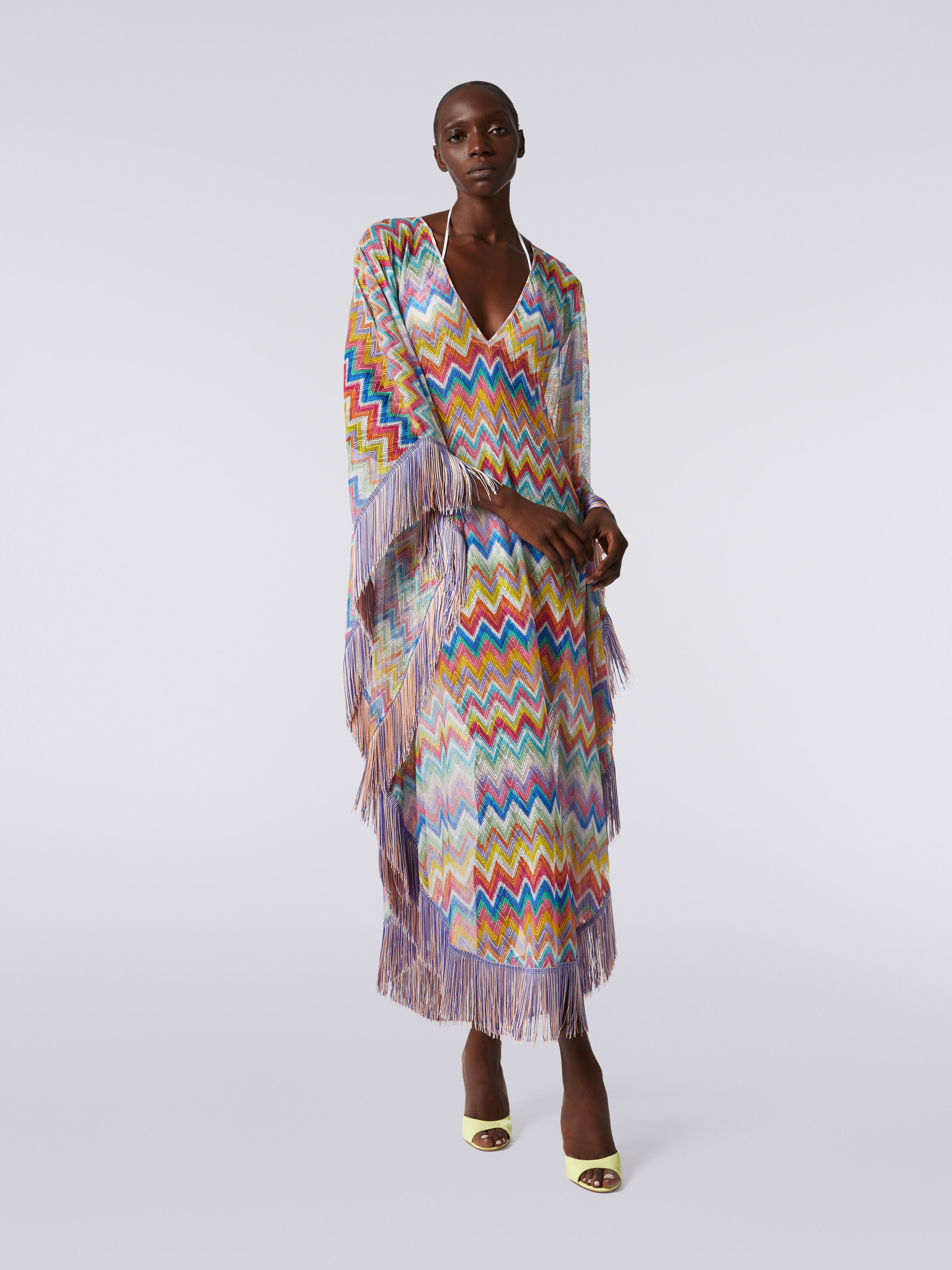 Long cover-up kaftan with zigzag print and fringes, Multicoloured  - 1