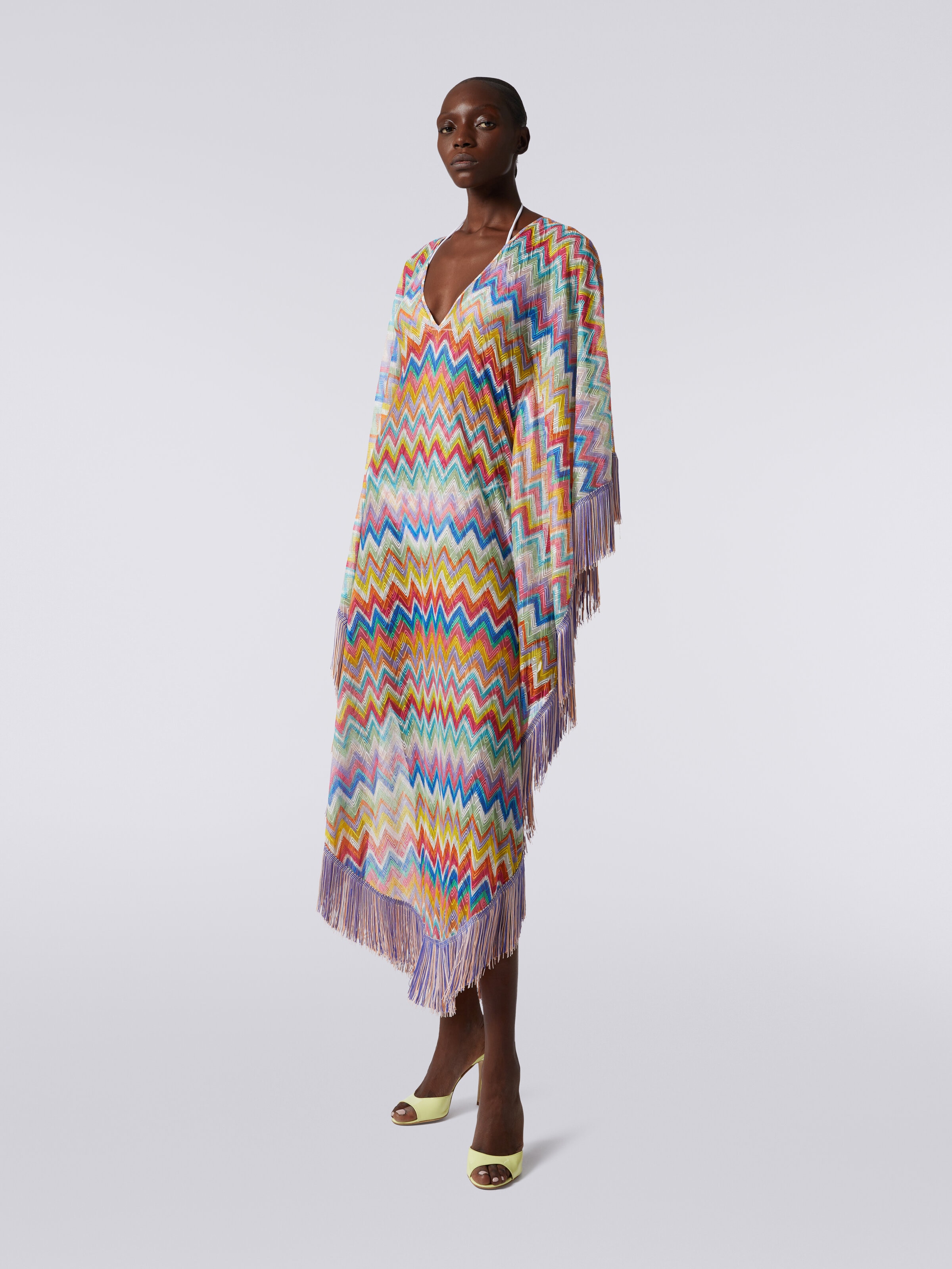Long cover-up kaftan with zigzag print and fringes, Multicoloured  - 2