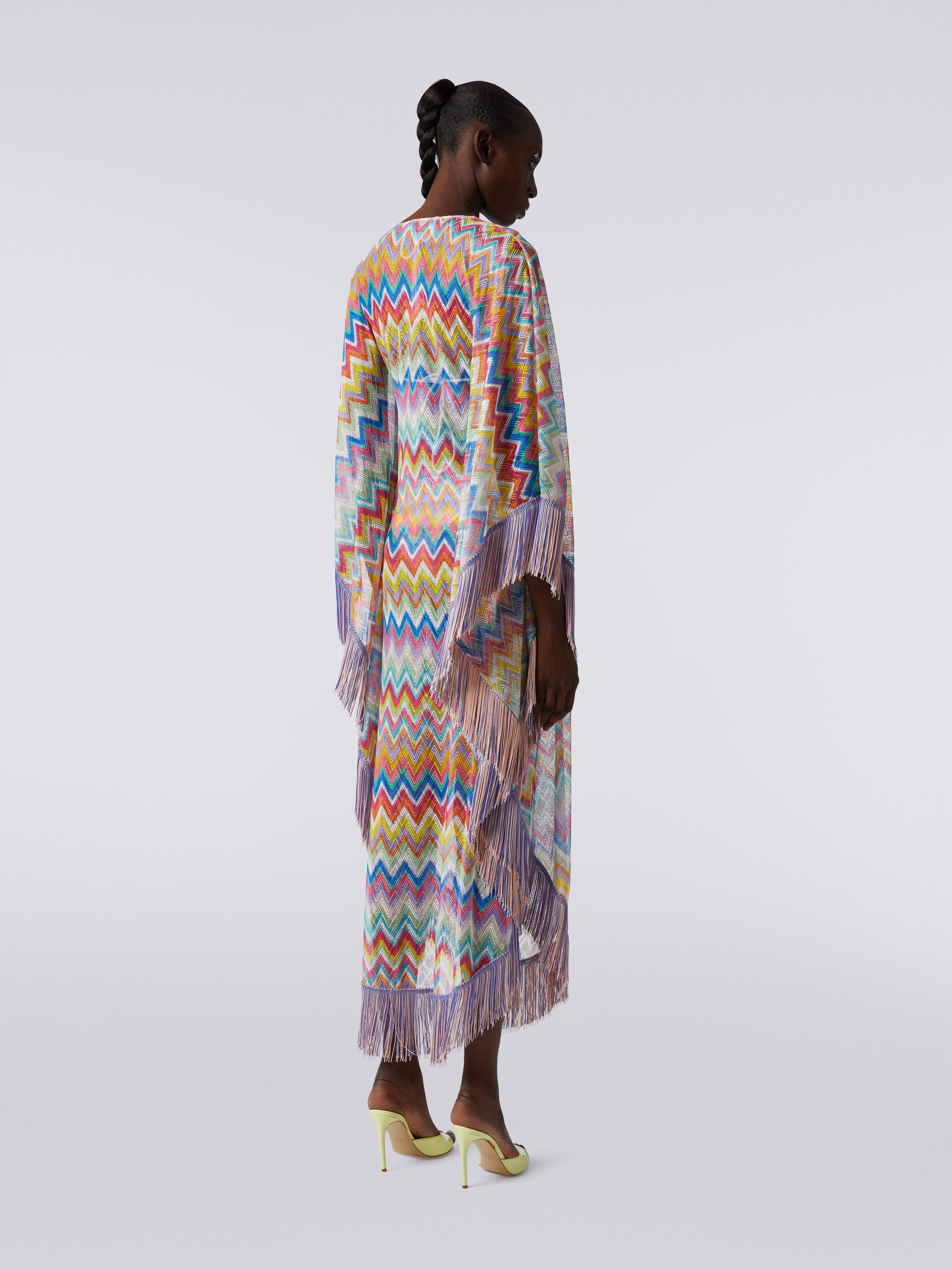 Long cover-up kaftan with zigzag print and fringes, Multicoloured  - 3