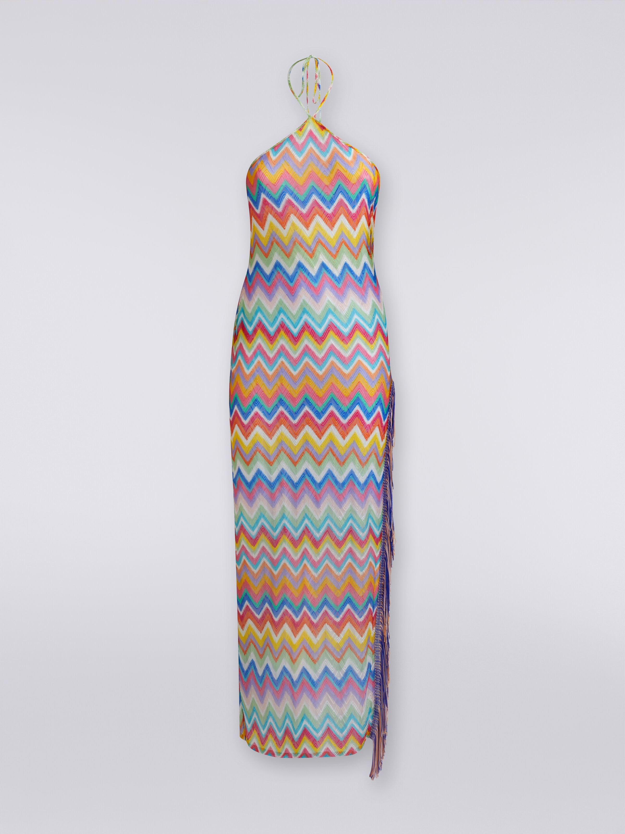 Long cover-up dress with zigzag print and fringes, Multicoloured  - 0