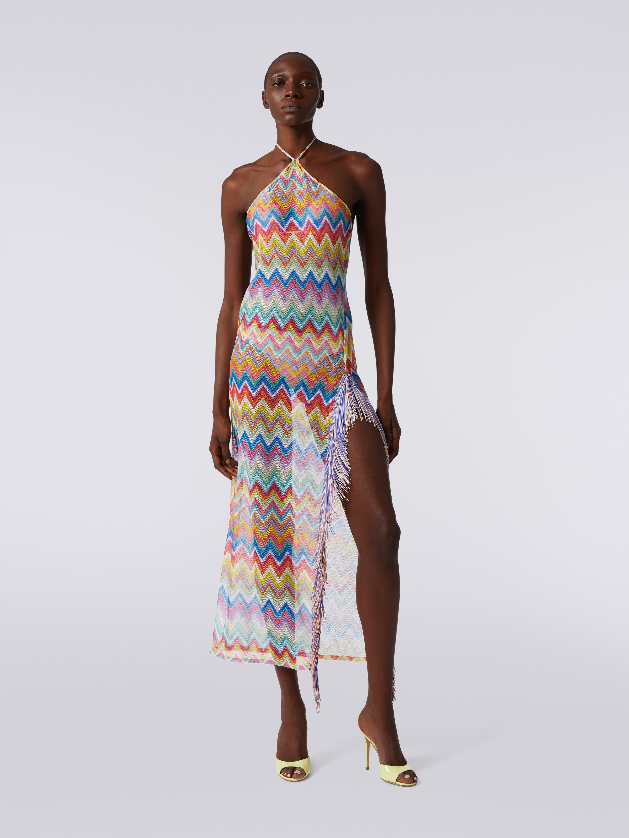 Long cover-up dress with zigzag print and fringes, Multicoloured  - 1