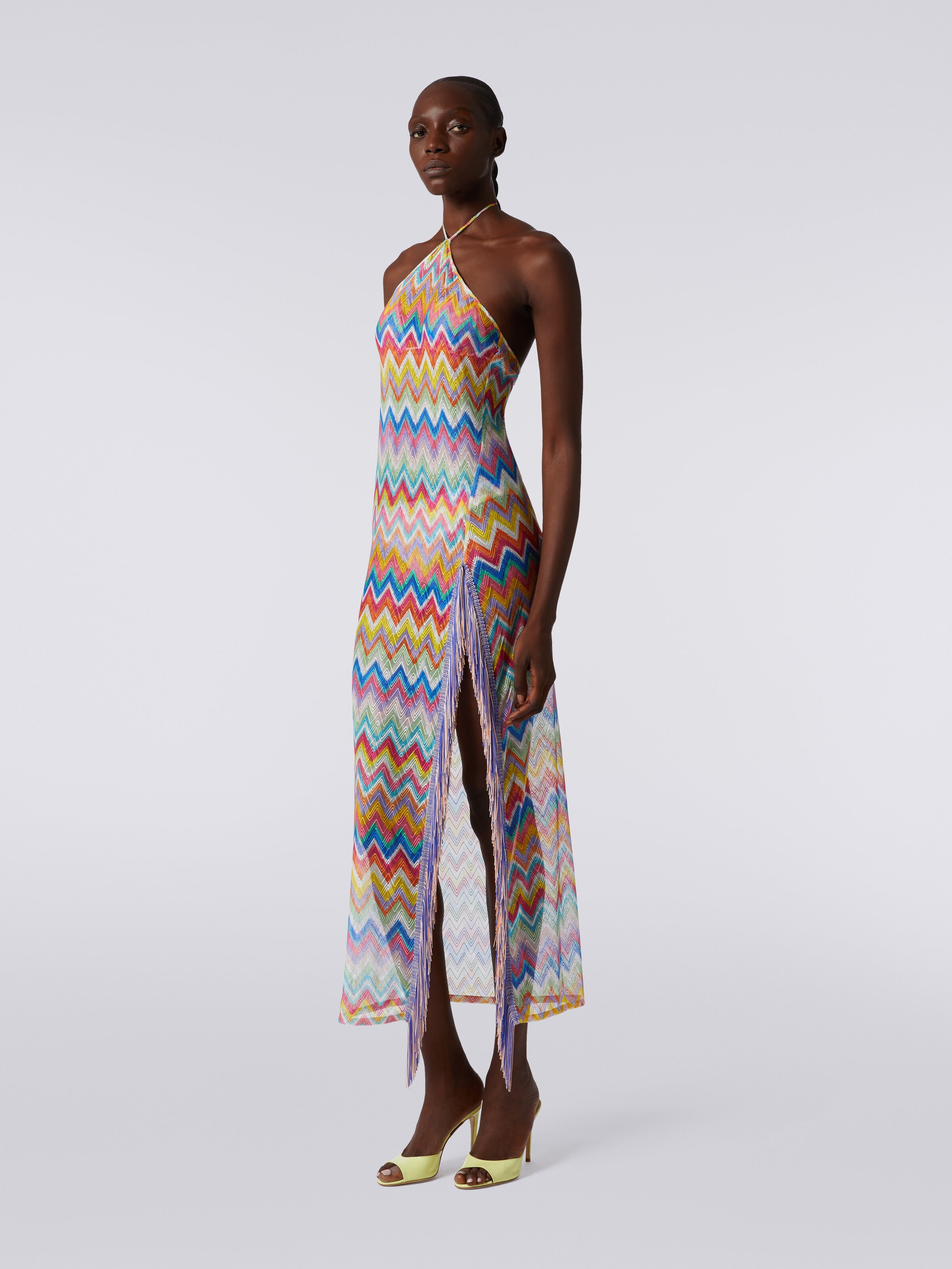 Long cover-up dress with zigzag print and fringes, Multicoloured  - 2